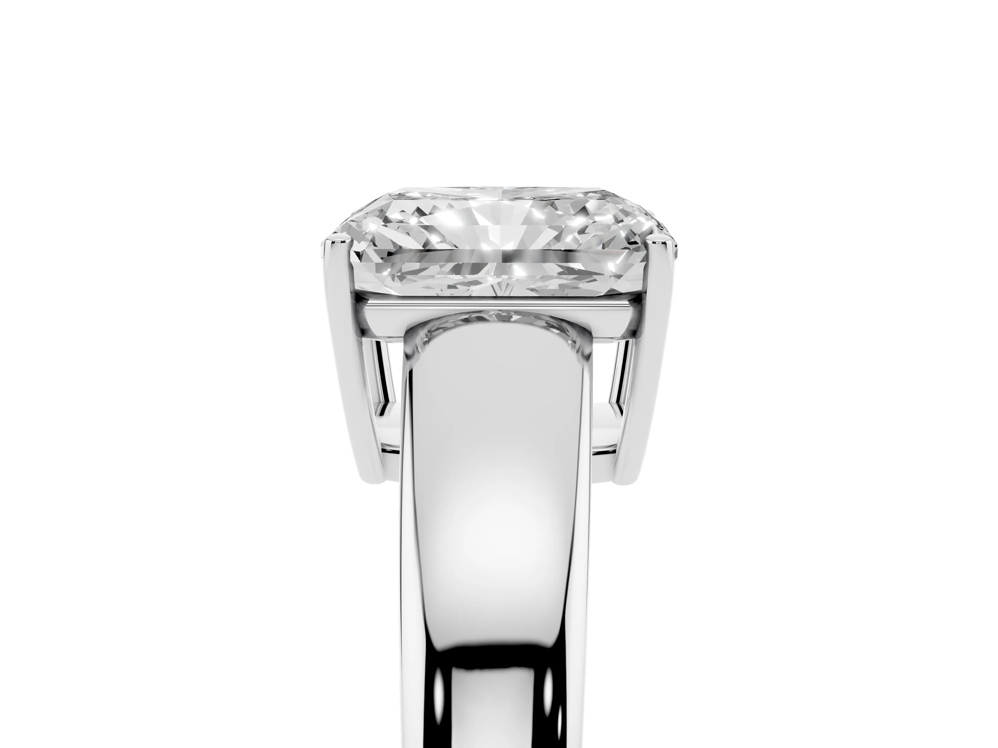 Radiant Cut Diamond Solitaire Ring Set in White gold with Tapered Band and Prong Setting