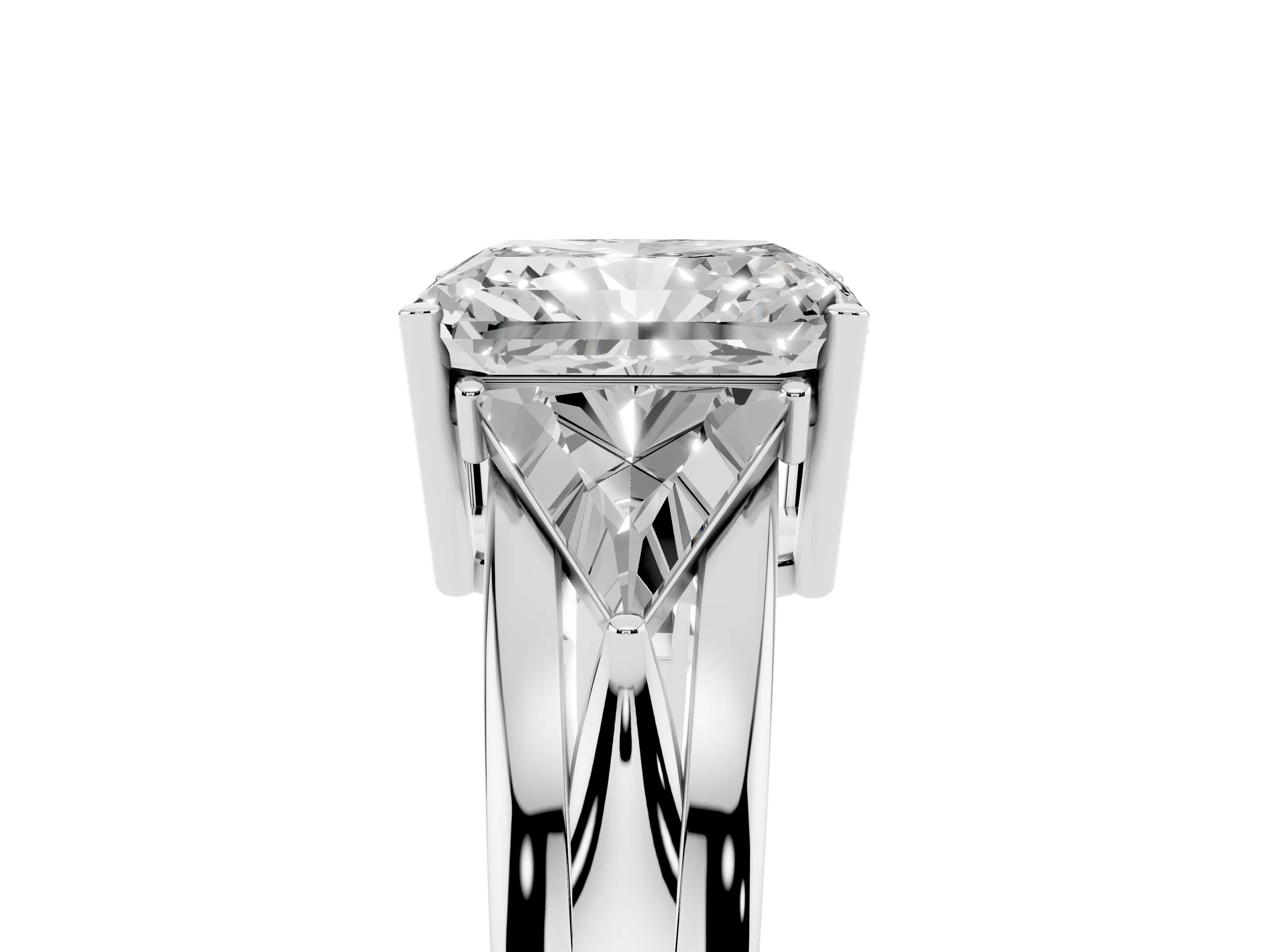 Radiant Cut Diamond Three-Stone Ring Set in Platinum with Trillion Side Stones and Split Shank