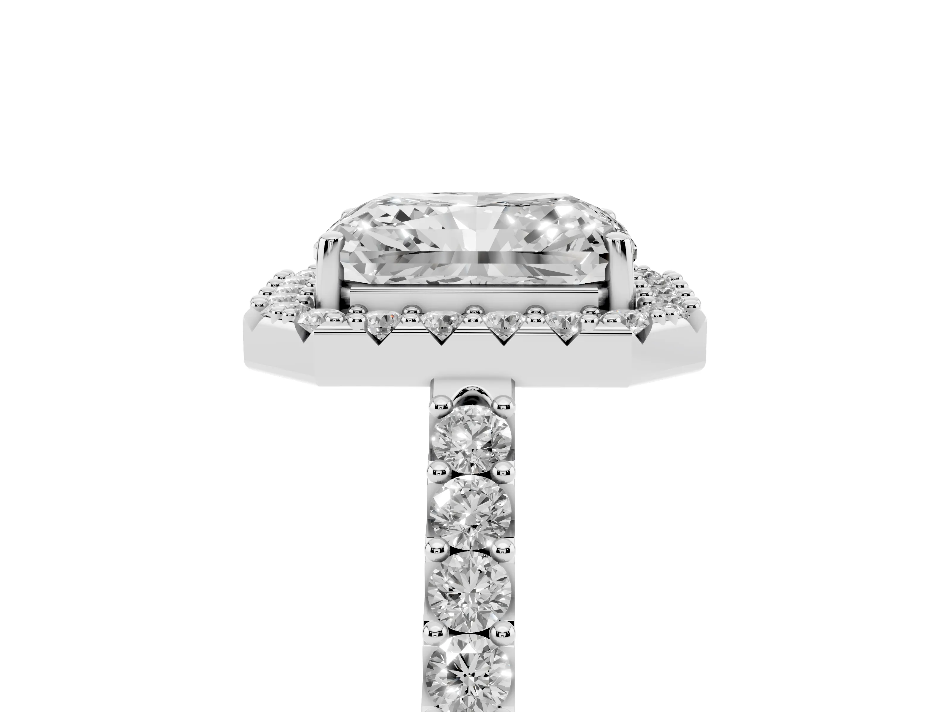 Radiant Cut Diamond Halo Pavé Solitaire Ring Set in Platinum with Prong-Set Center Stone