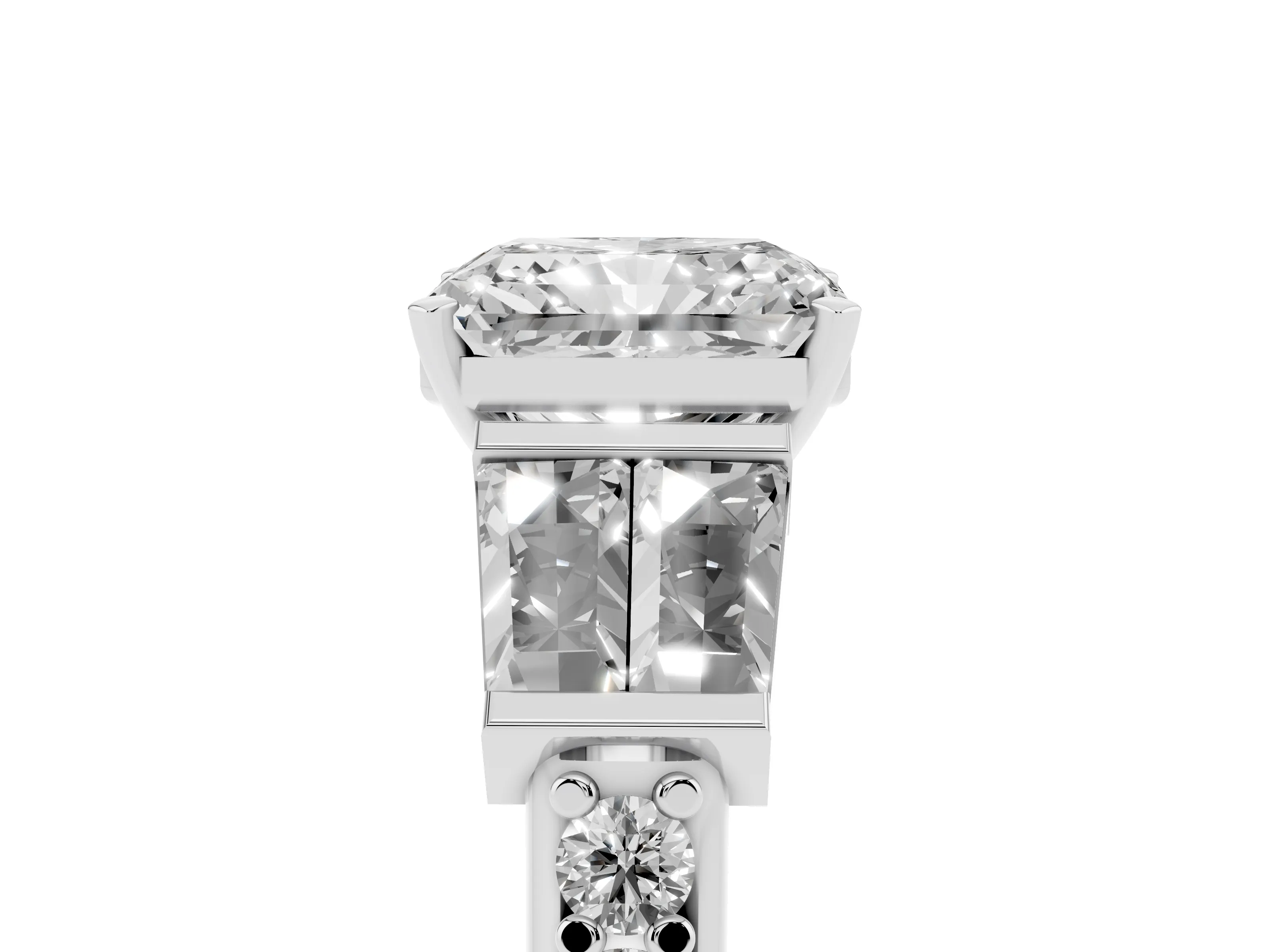 Radiant Cut Diamond Engagement Ring Set in White gold with Baguette Side Stones and Channel Set Band