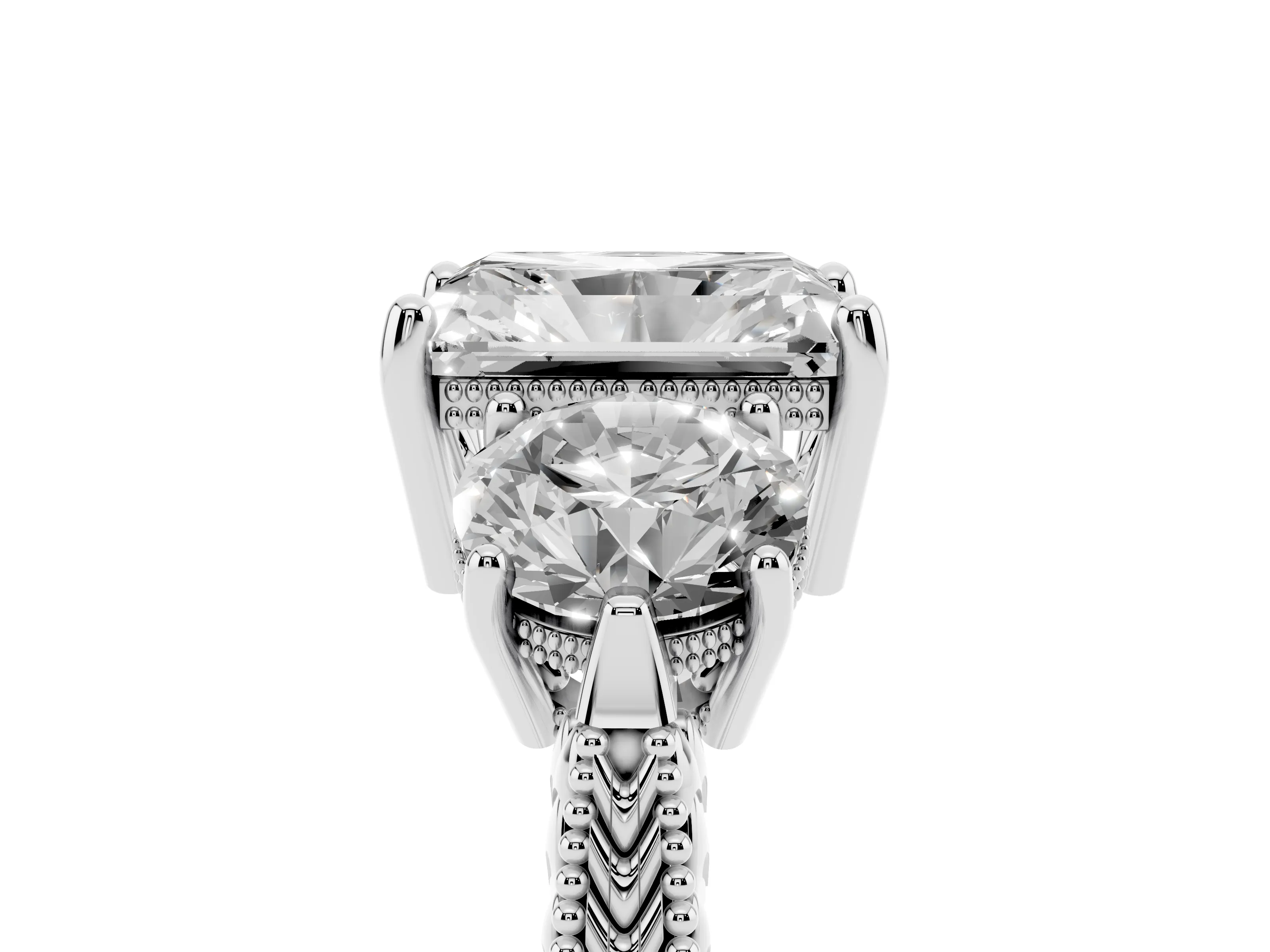Radiant Cut Diamond Three-Stone Ring Set in Silver with Milgrain Band