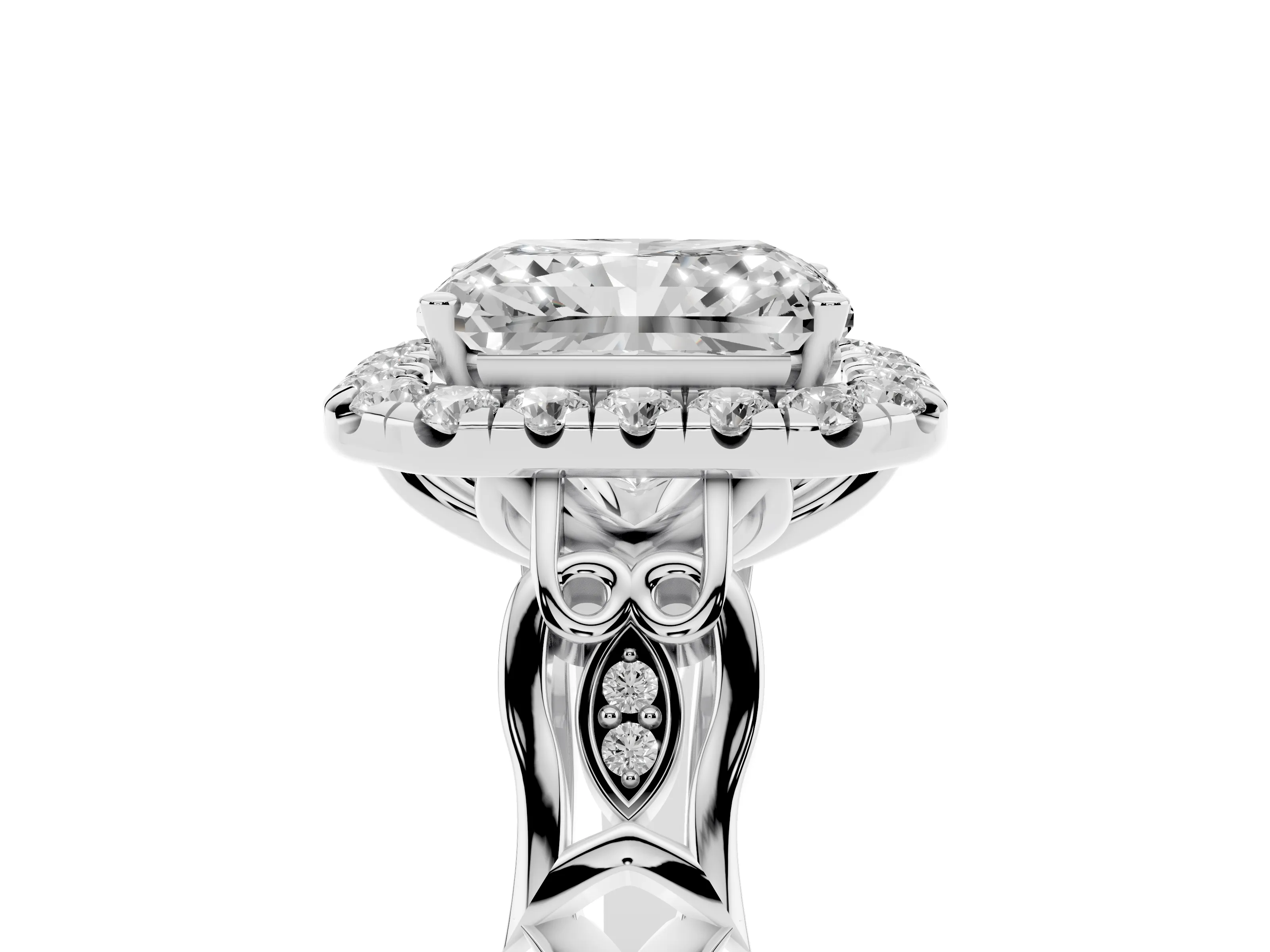 Radiant Cut Diamond Halo Engagement Ring Set in White gold with Filigree Band and Prong-Set Center