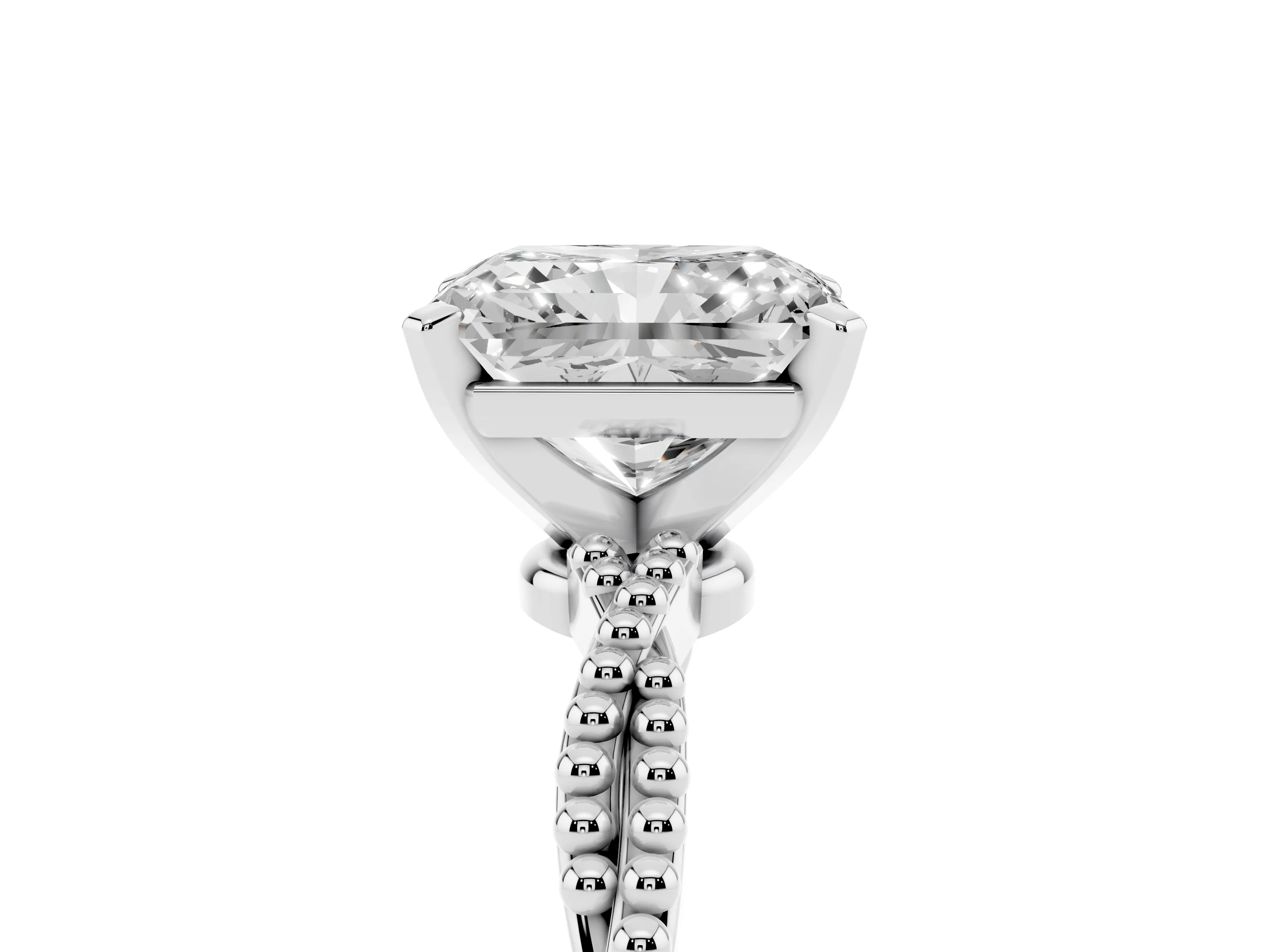 Radiant Cut Diamond Solitaire Ring Set in Platinum with Twisted Band and Bead Prong Setting