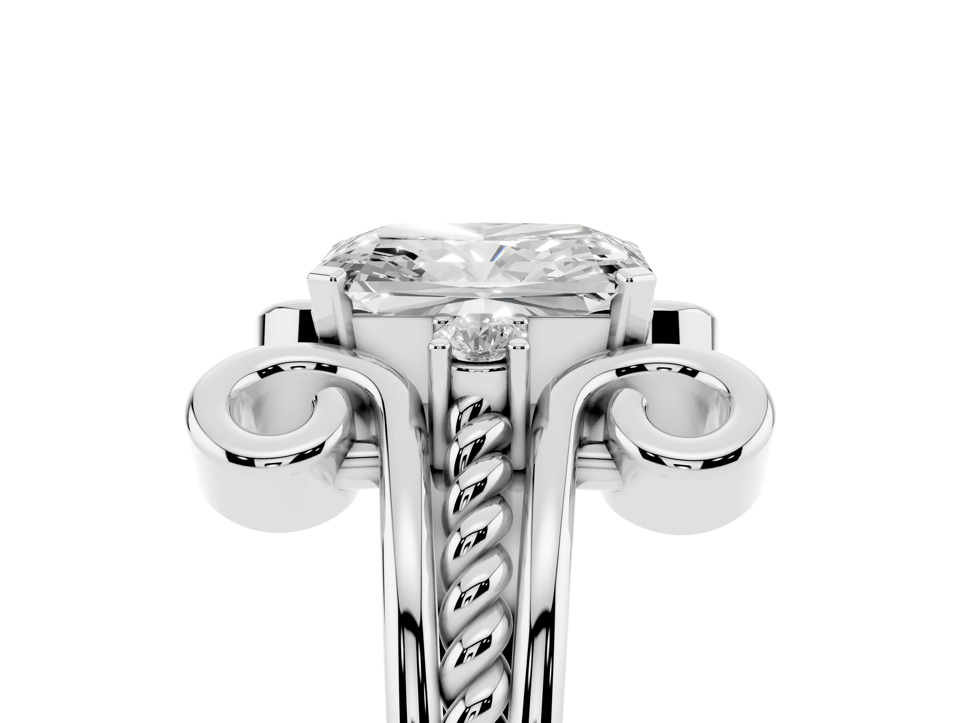 Radiant Cut Diamond Twisted Band Solitaire Ring Set in Platinum with Scroll Prongs