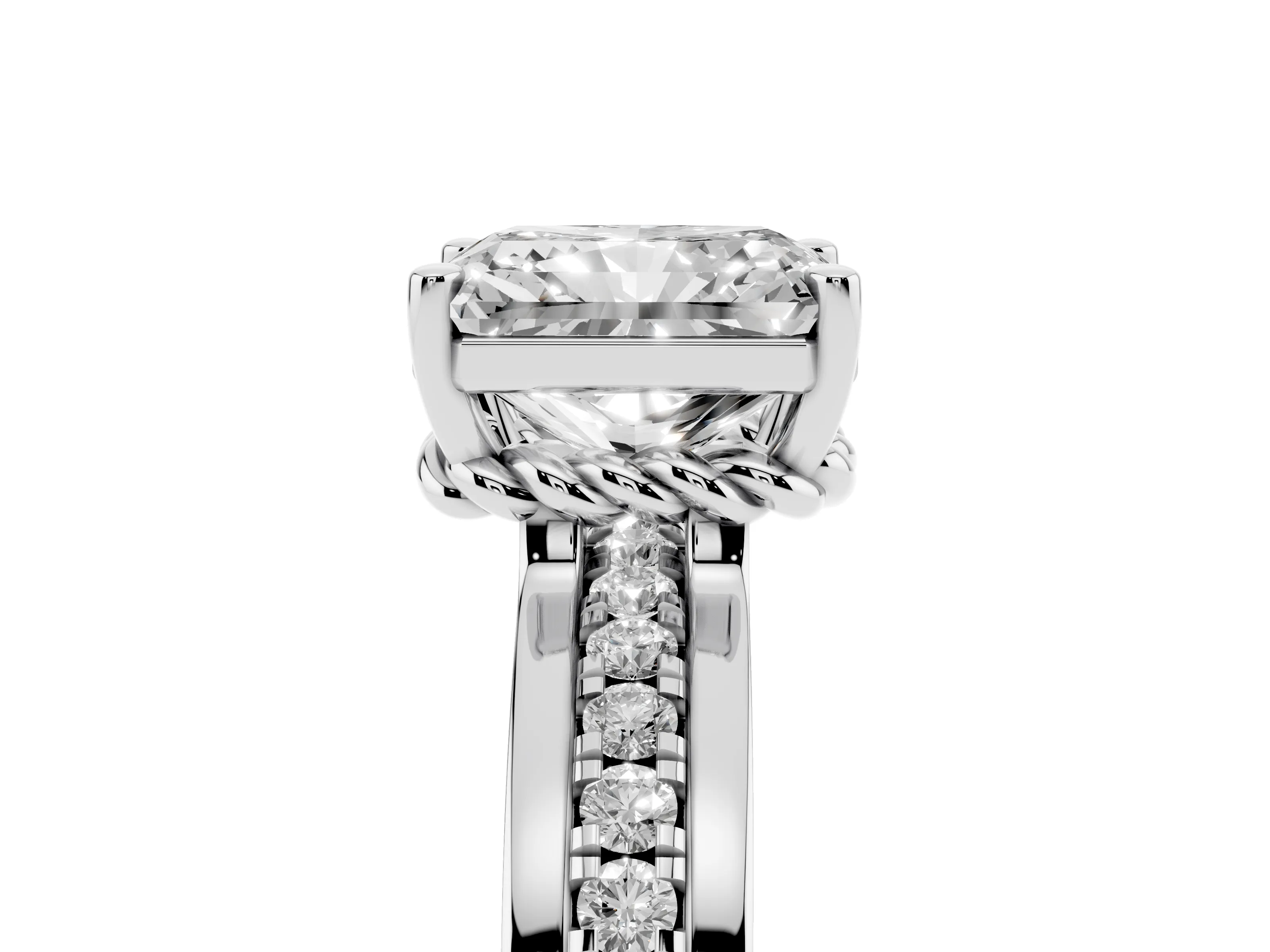 Radiant Cut Diamond Solitaire Ring Set in White gold with Channel Set Band and Prong Setting