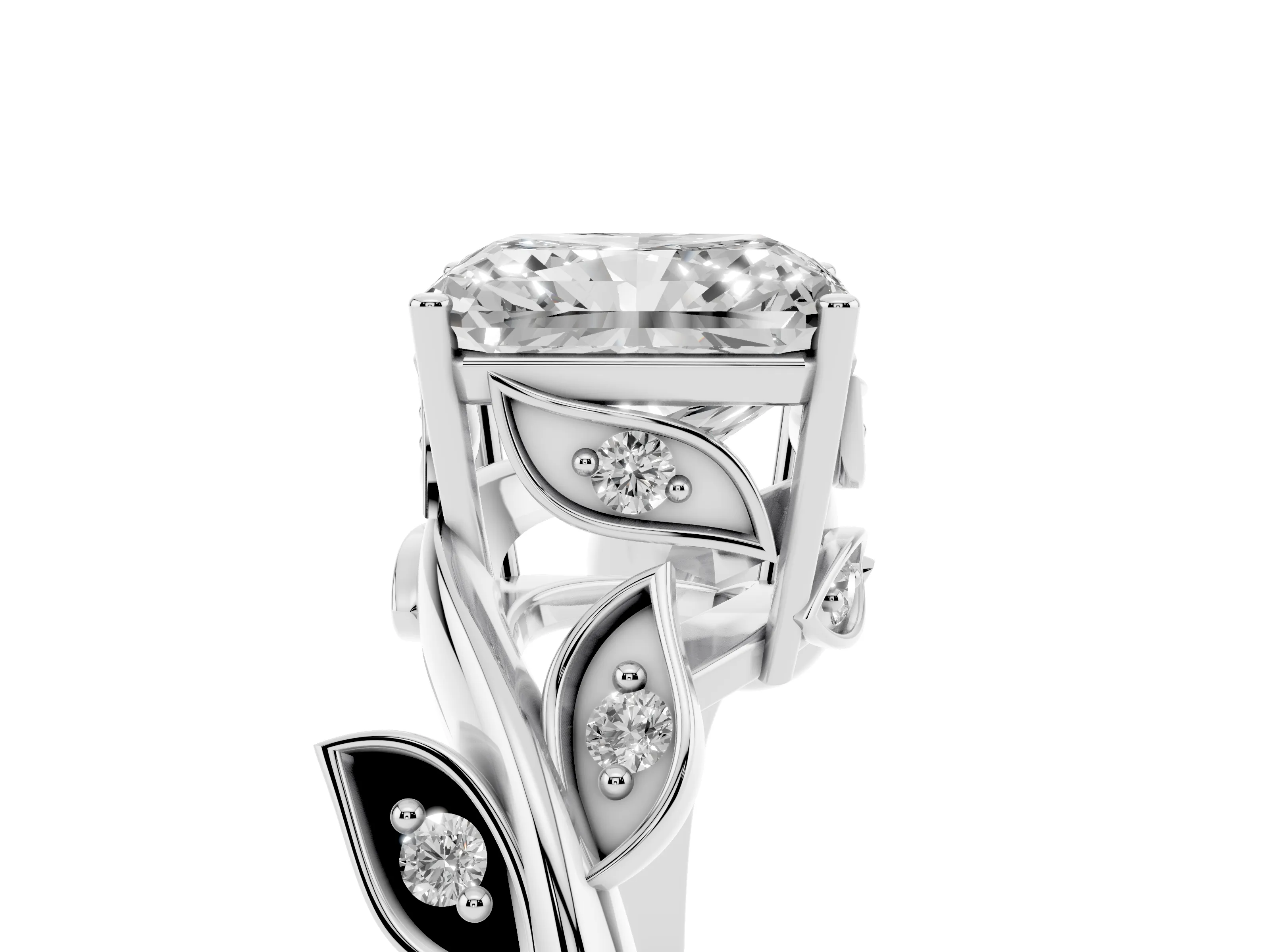 Radiant Cut Diamond Solitaire Twist Engagement Ring Set in White gold with Pavé Leaf Accents
