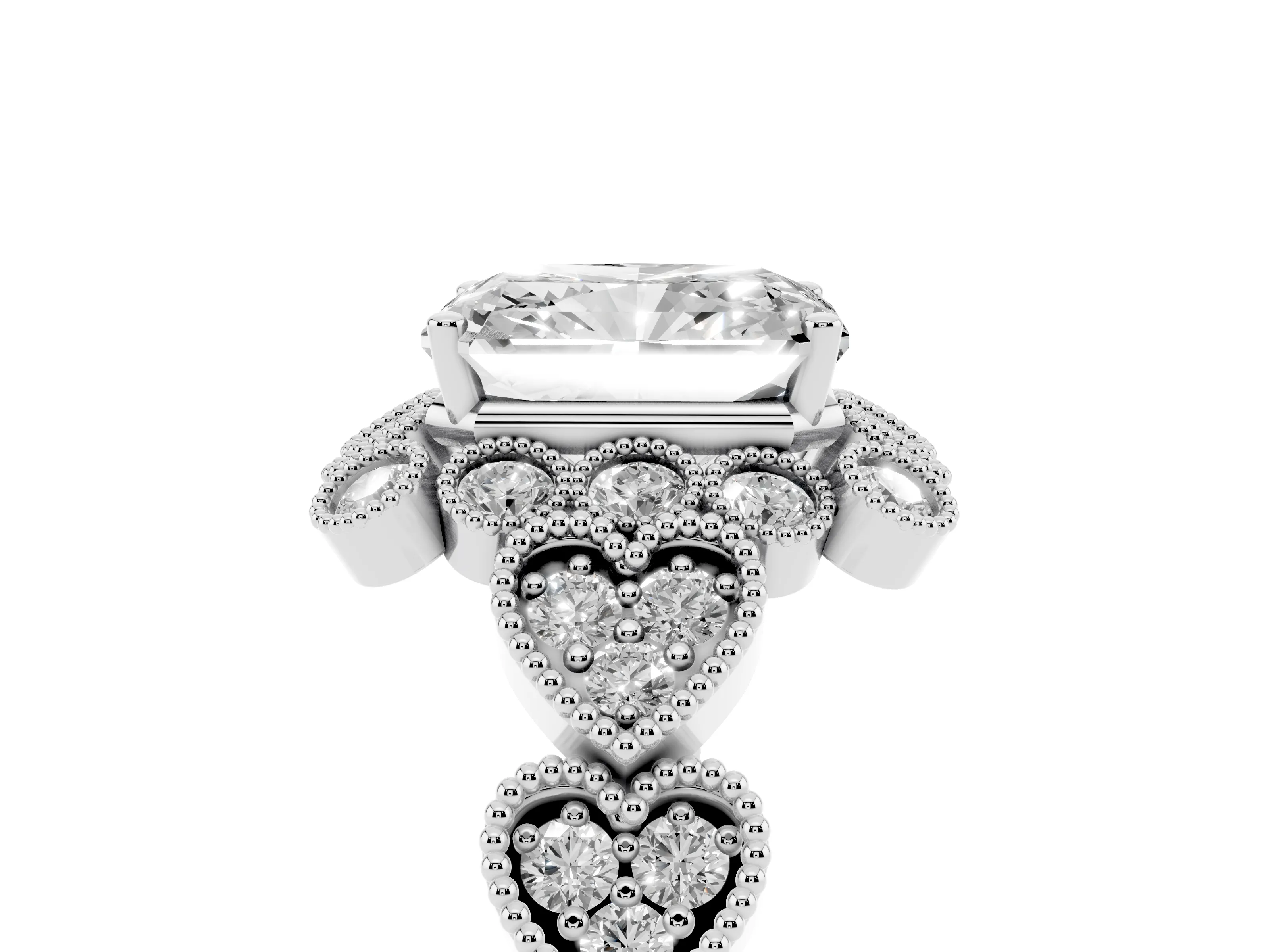Radiant Cut Diamond Solitaire Ring Set in White gold with Milgrain Pavé Heart Band