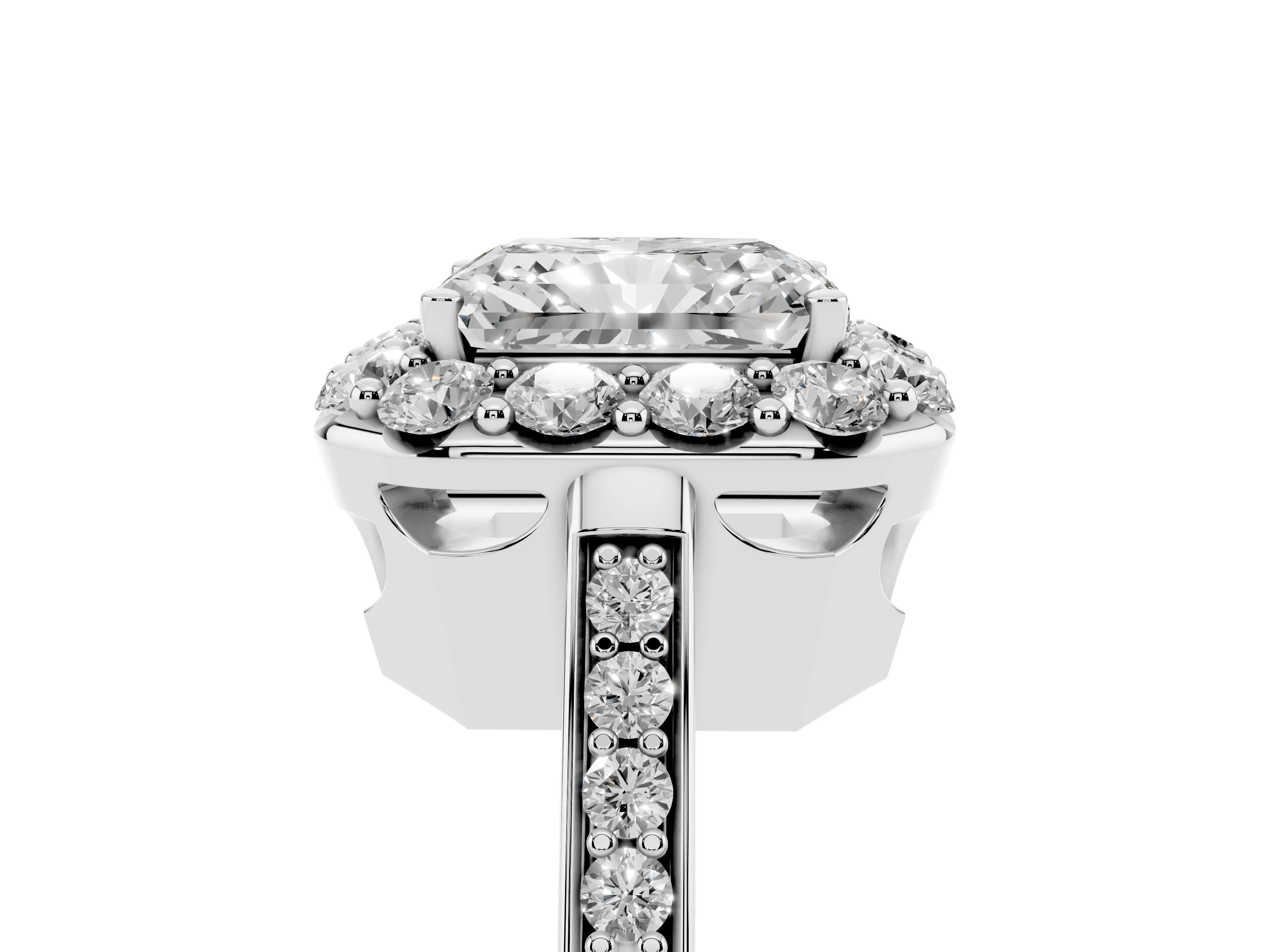 Radiant Cut Diamond Floral Halo Ring Set in Platinum with Pavé Band and Prong Setting