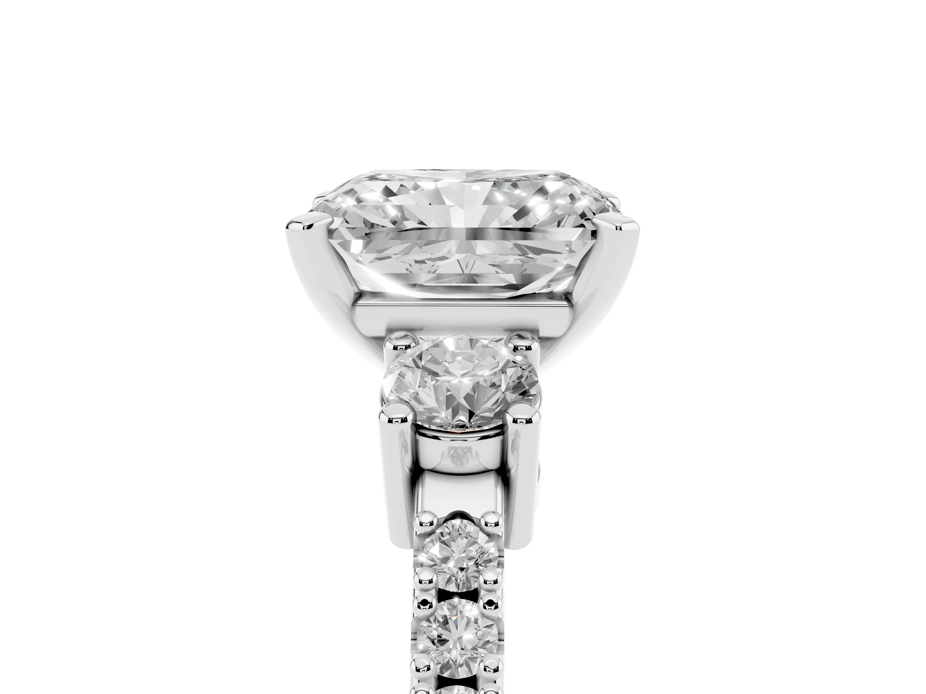 Three-Stone Radiant Cut Diamond Pavé Band Ring Set in Platinum with Prong Setting