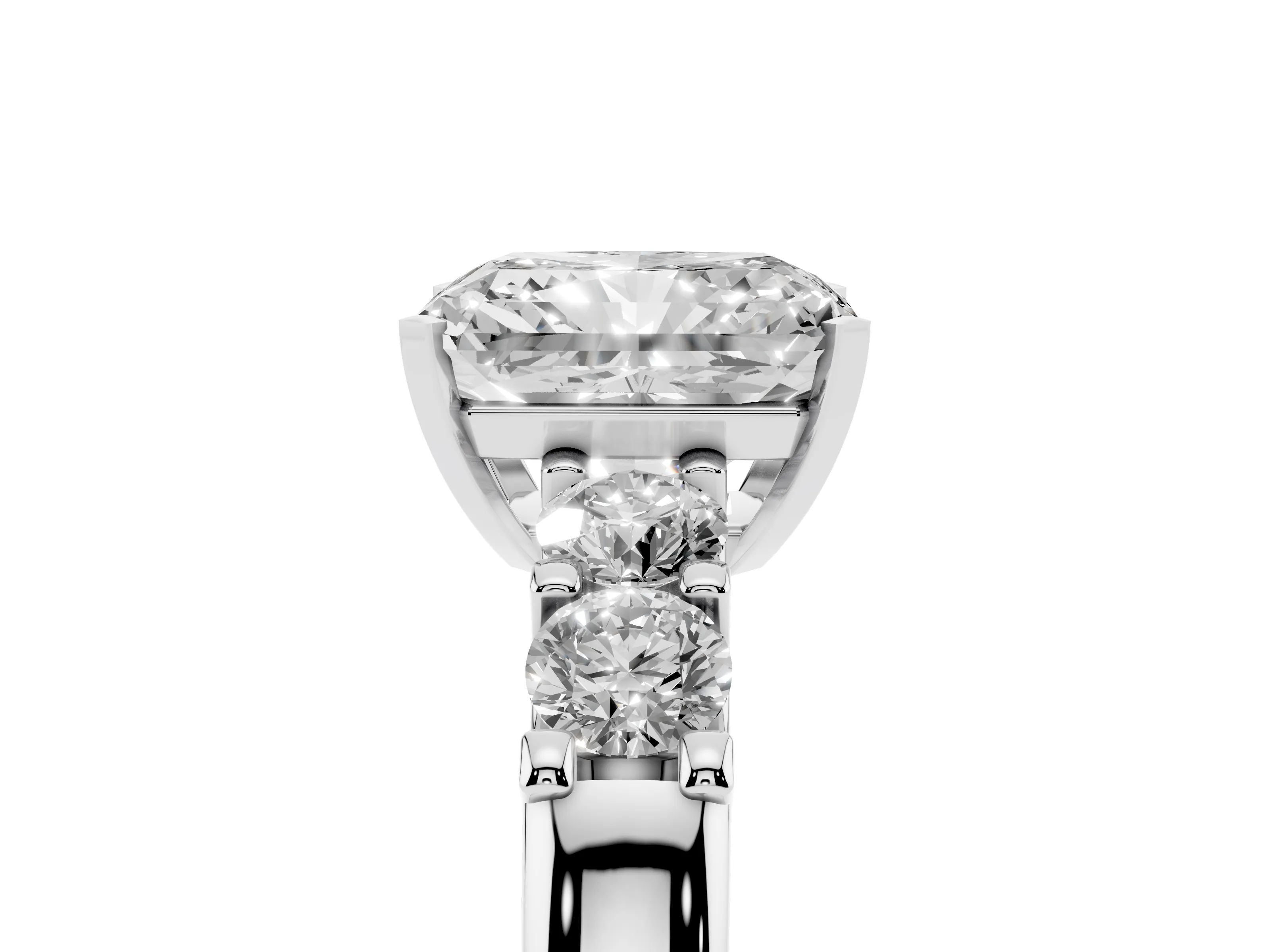 Radiant Cut Diamond Five-Stone Prong Set Engagement Ring Set in Platinum with Channel Band