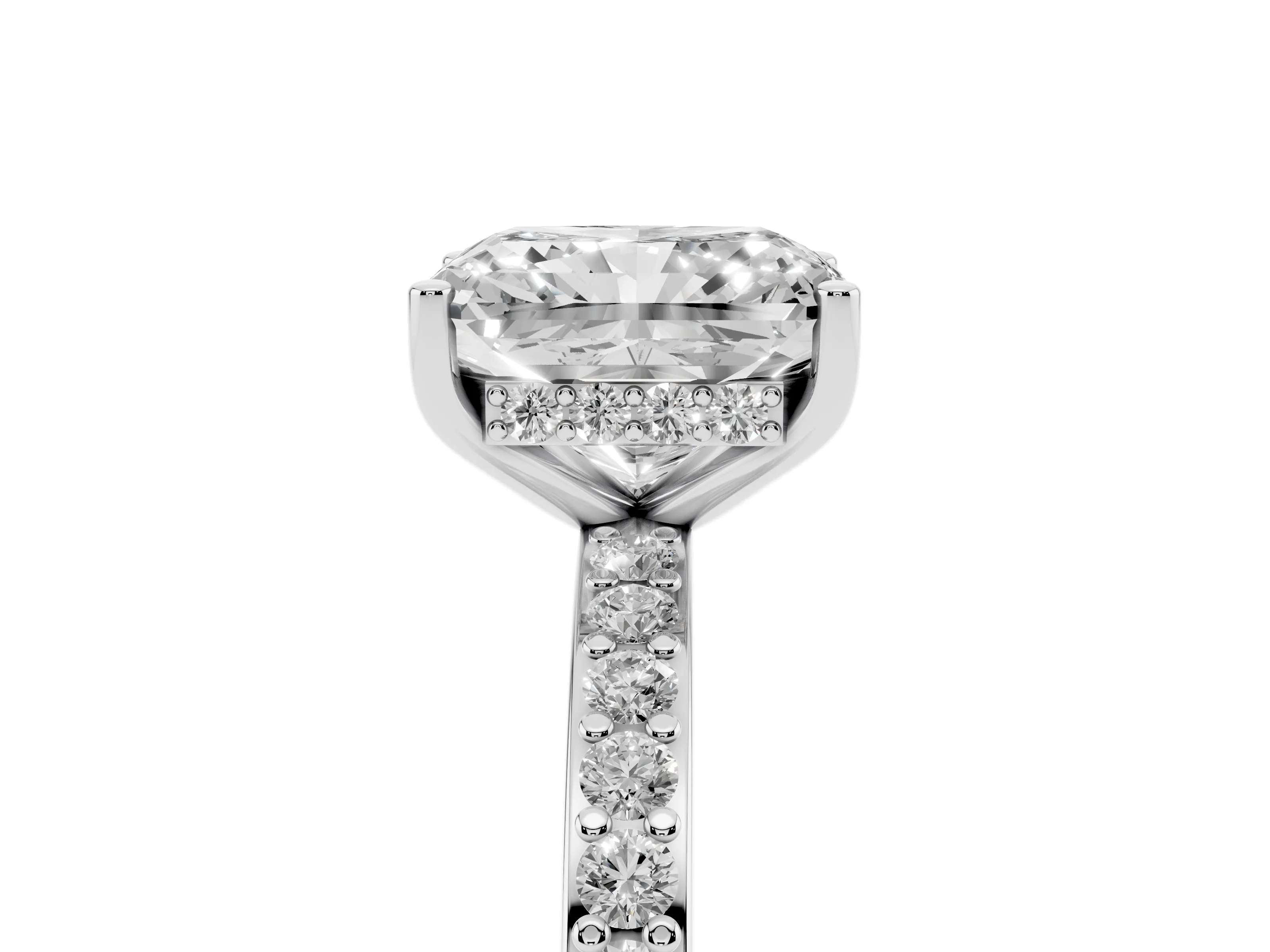 Radiant Cut Diamond Pavé Band Ring Set in Platinum with Prong-Set Center Stone