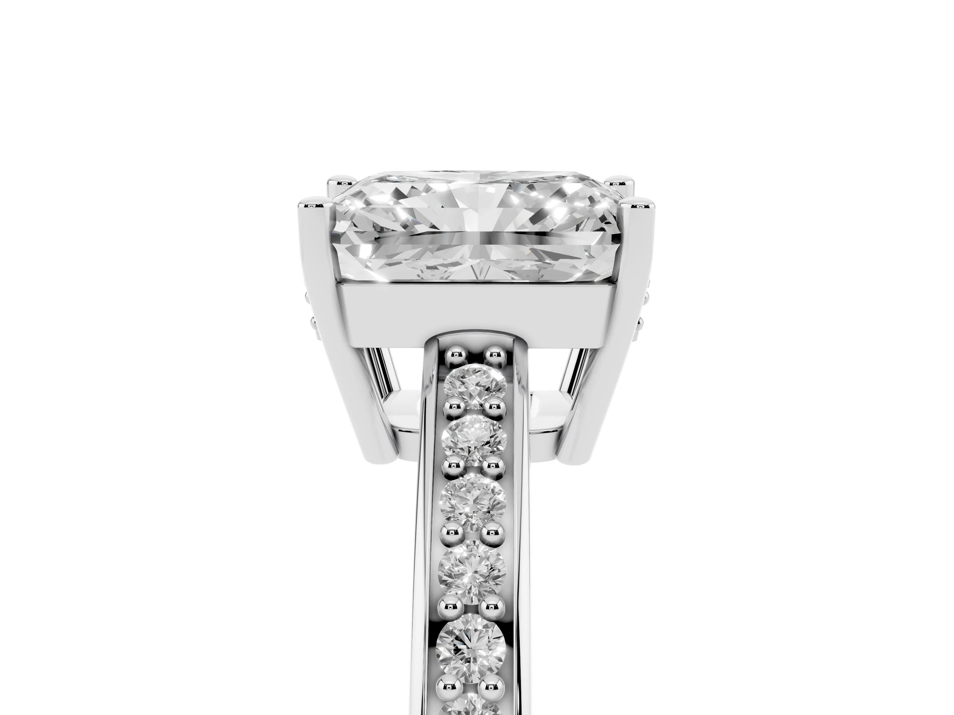 Radiant Cut Diamond Pavé Band Prong Set Solitaire Ring Set in Silver