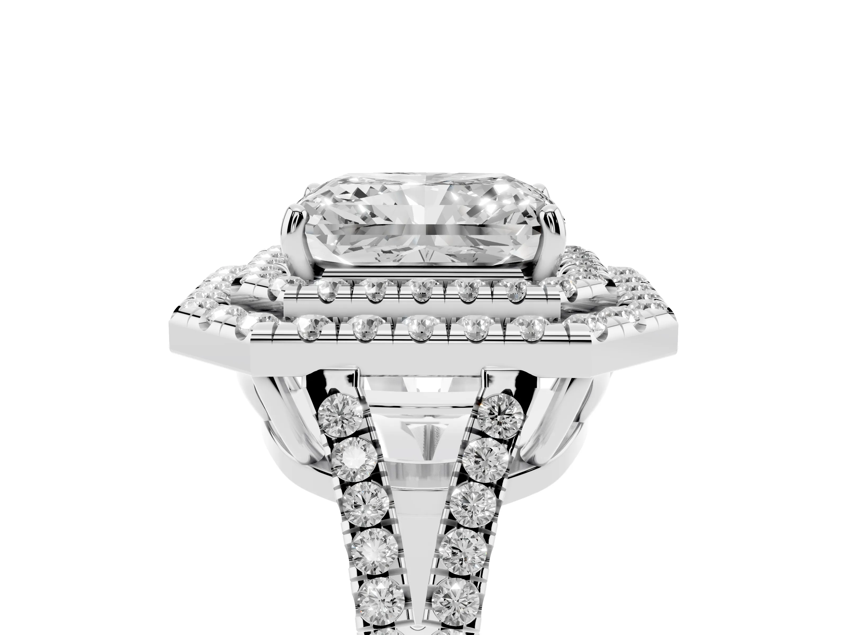 Radiant Cut Diamond Double Halo Ring Set in Silver with Pavé Band