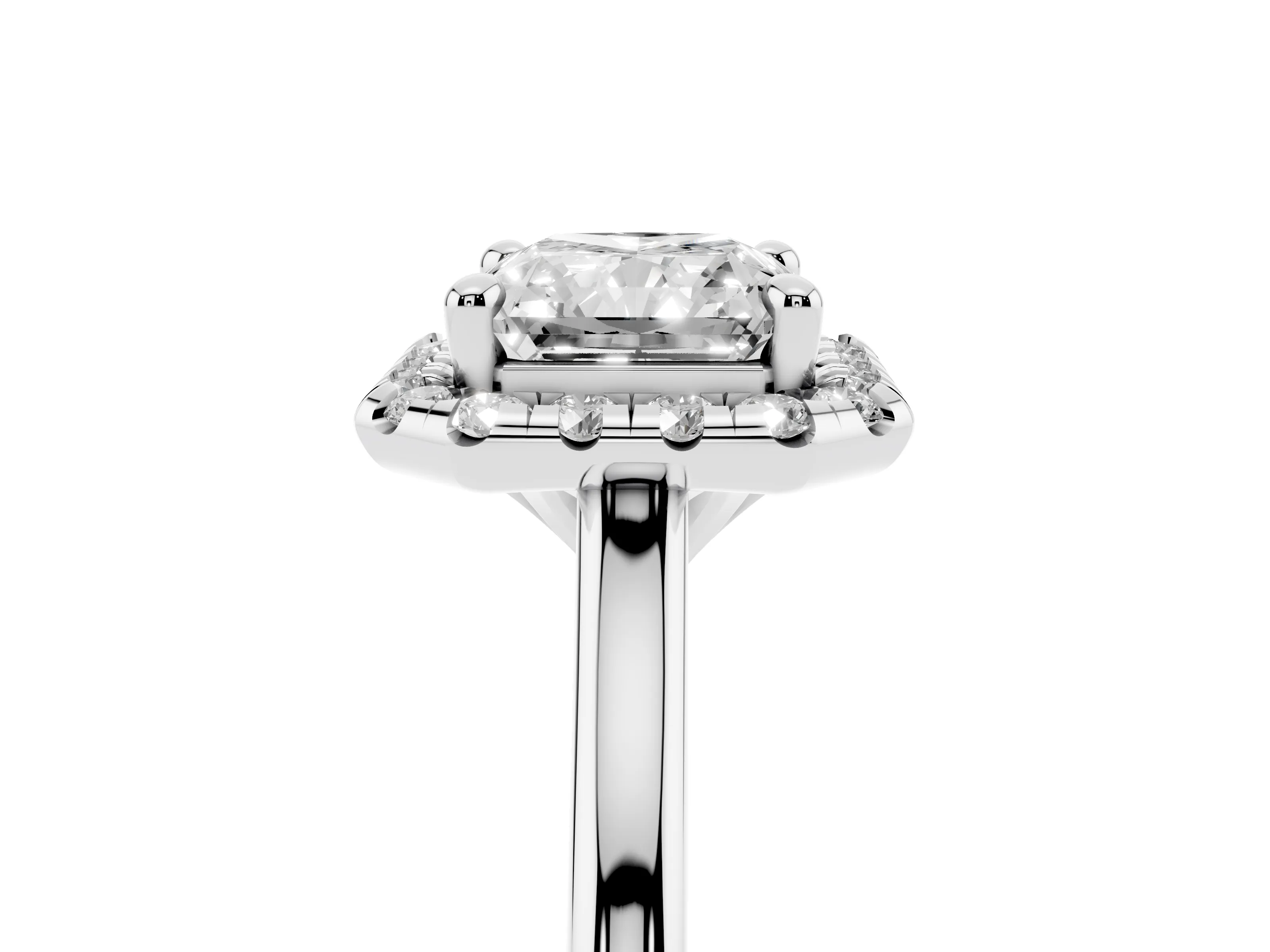 Radiant Cut Diamond Halo Engagement Ring Set in Silver with Pavé Band and Rising Shoulders