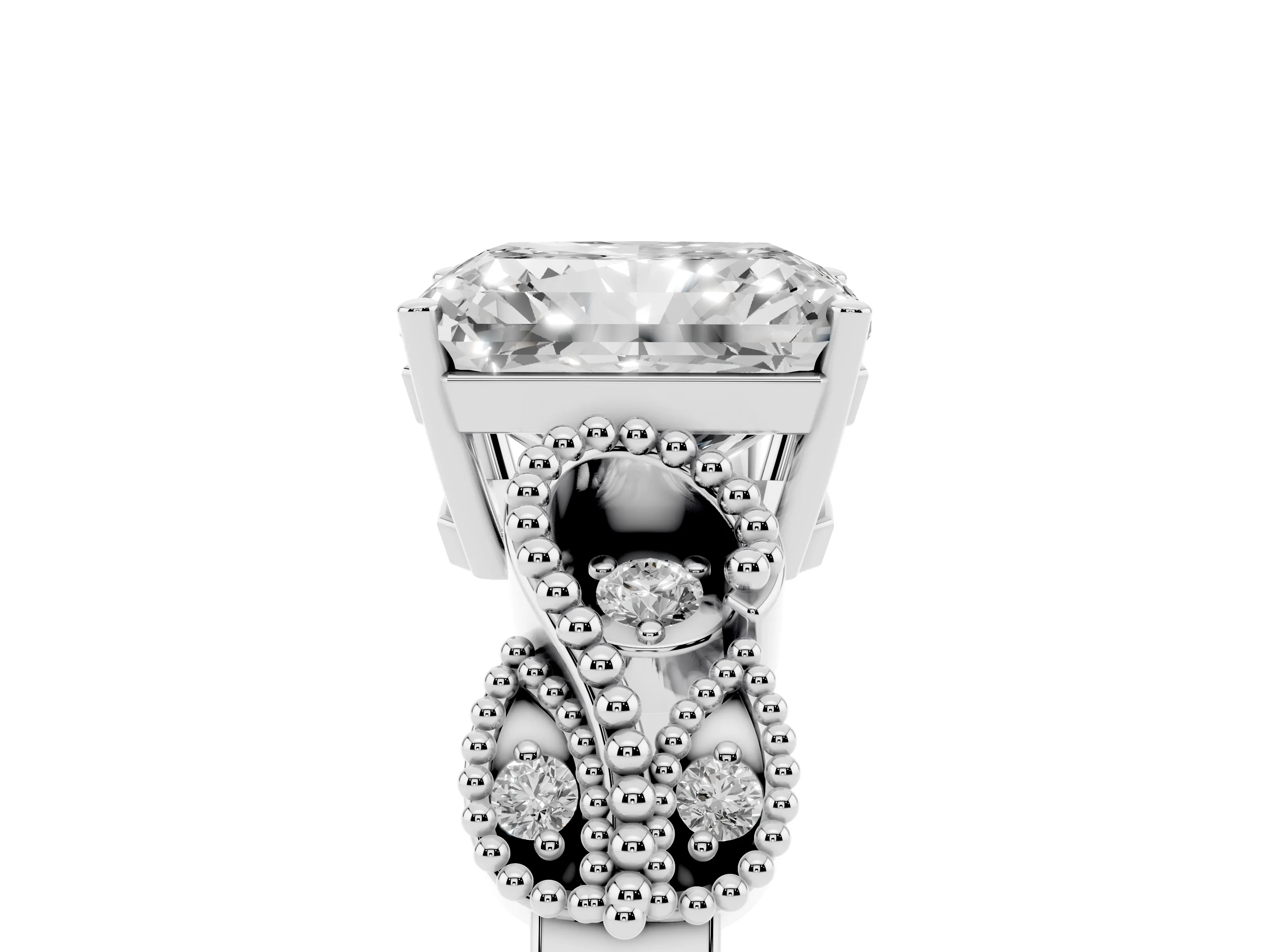 Radiant Cut Diamond Milgrain Leaf Band Solitaire Ring Set in Silver with Accent Stones and Prong Setting