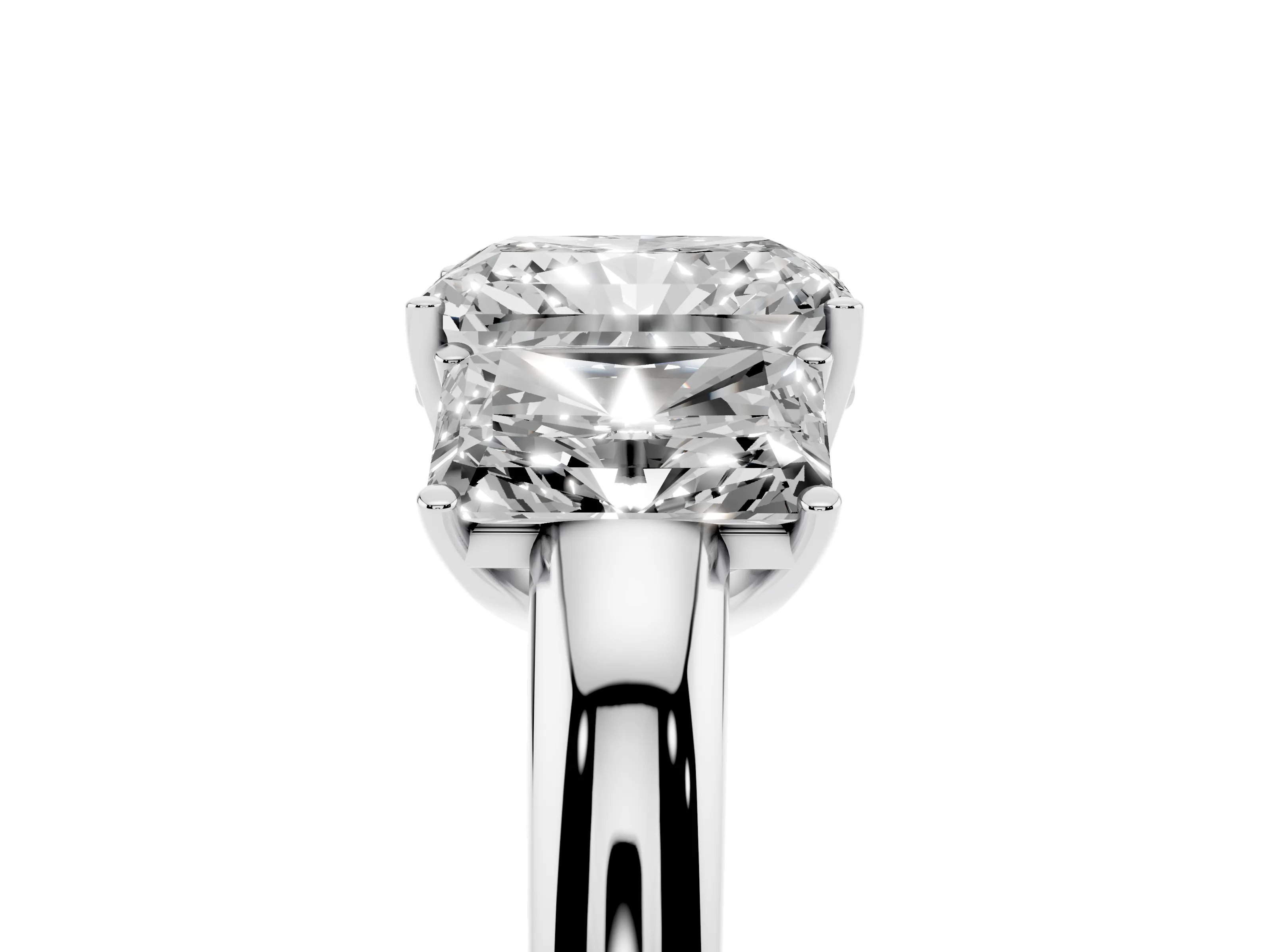Radiant Cut Diamond Three-Stone Ring Set in Platinum with Bold Center and Classic Band