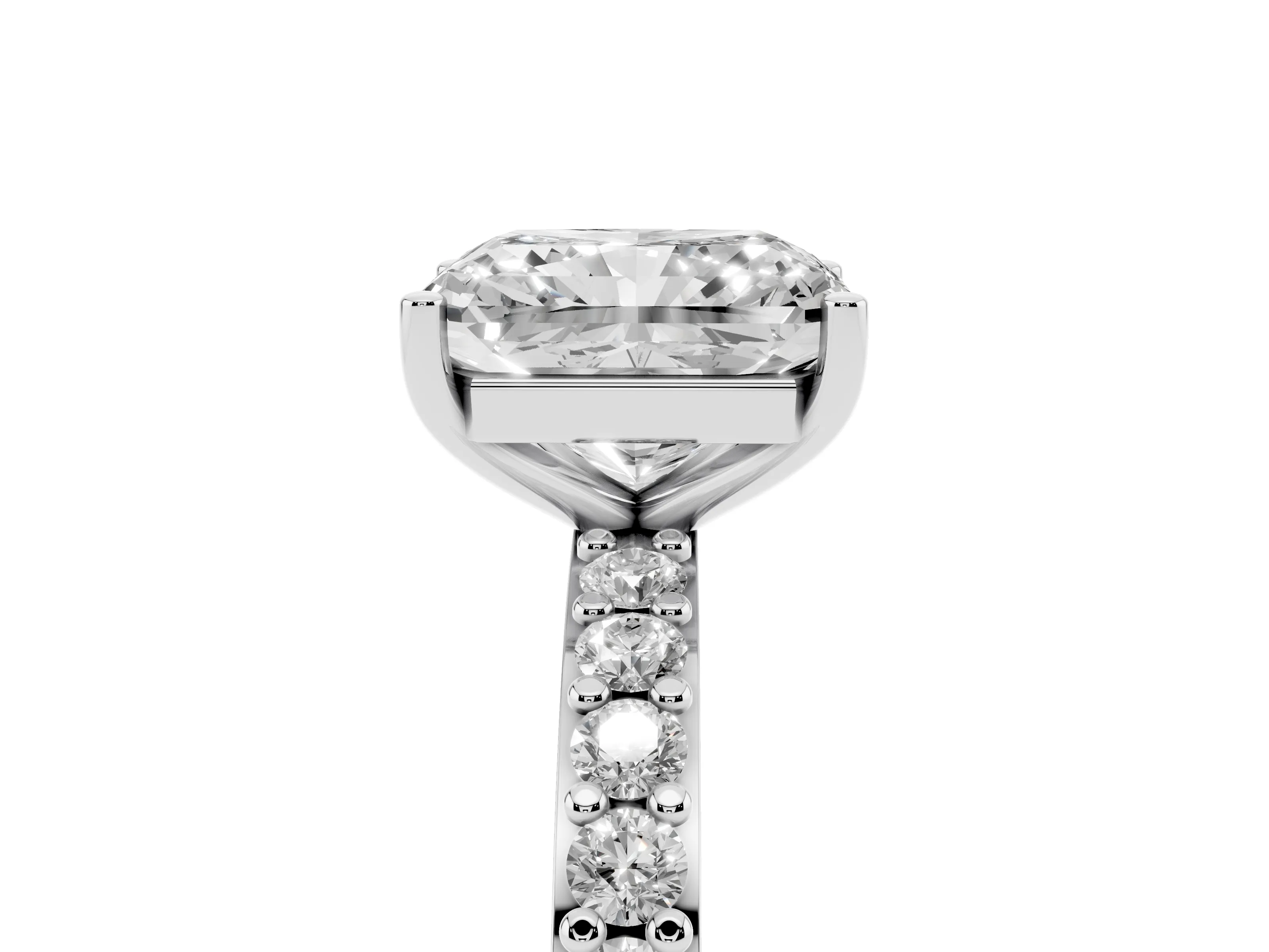 Radiant Cut Diamond Solitaire Set in White gold with Round Pavé Band and Prong Setting