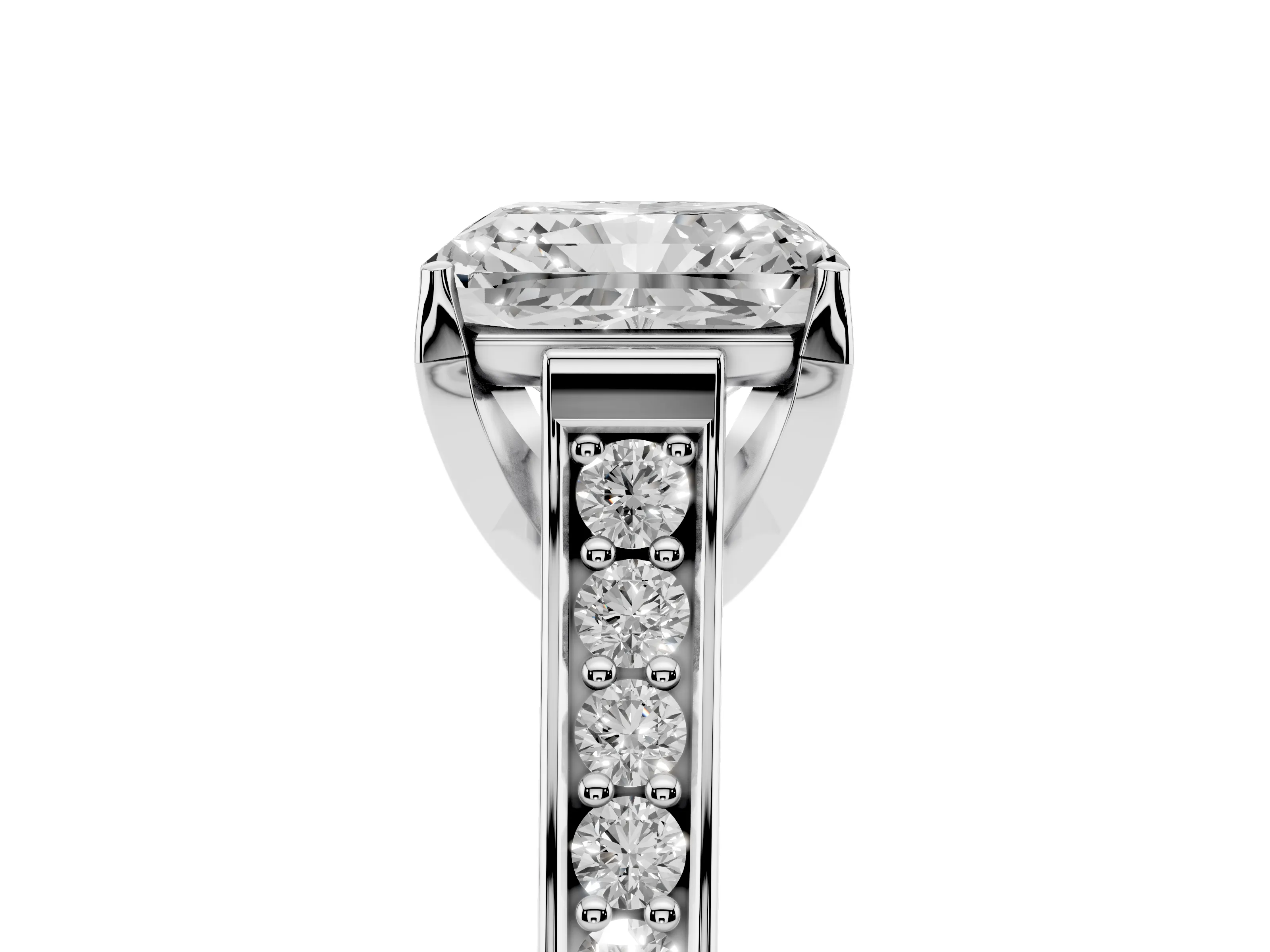 Radiant Cut Diamond Solitaire Pavé Engagement Ring Set in Platinum with Prong Setting