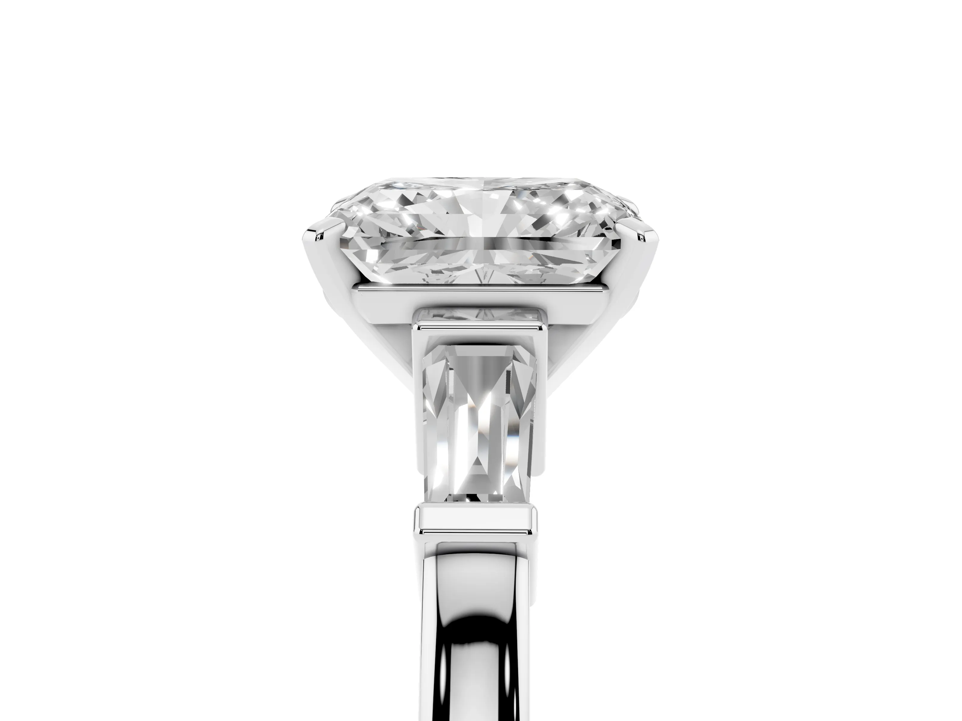 Radiant Cut Diamond Solitaire Ring Set in Platinum with Tapered Baguette Accents and Prong Setting