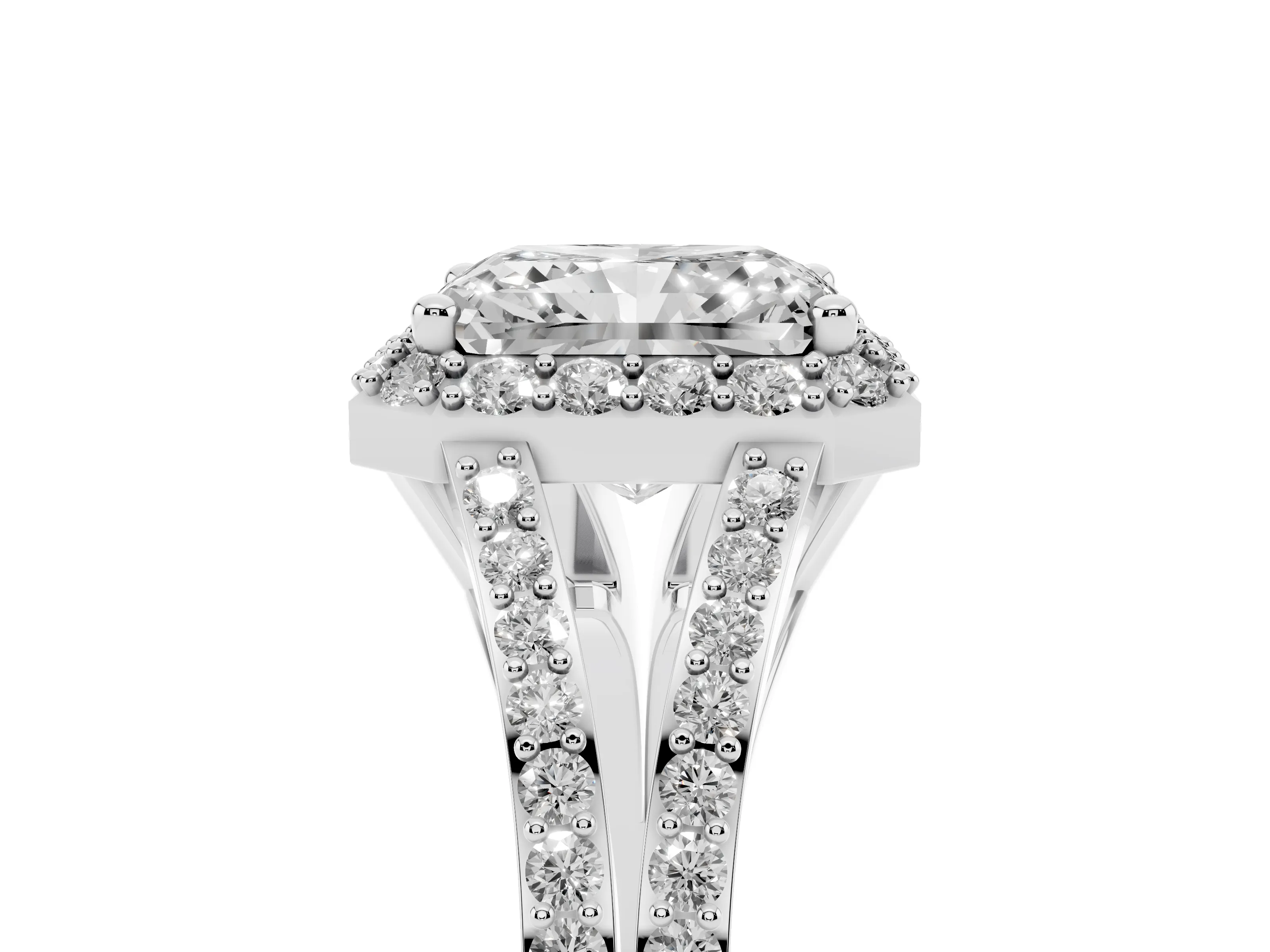 Radiant Cut Diamond Halo Split Shank Pavé Ring Set in Silver with Prong Setting