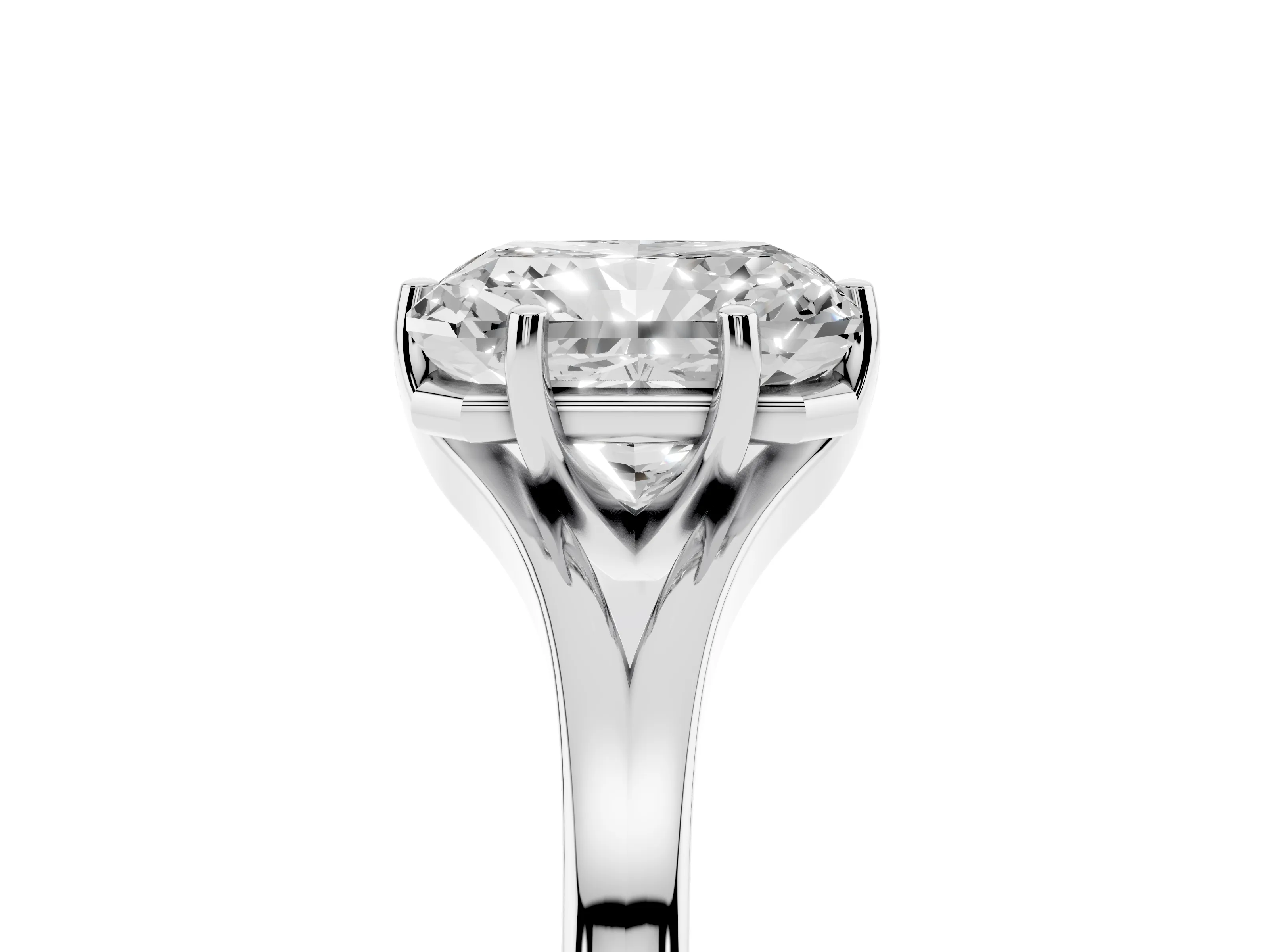Radiant Cut Diamond Solitaire Ring Set in White gold with Polished Tapered Band and Prong Setting