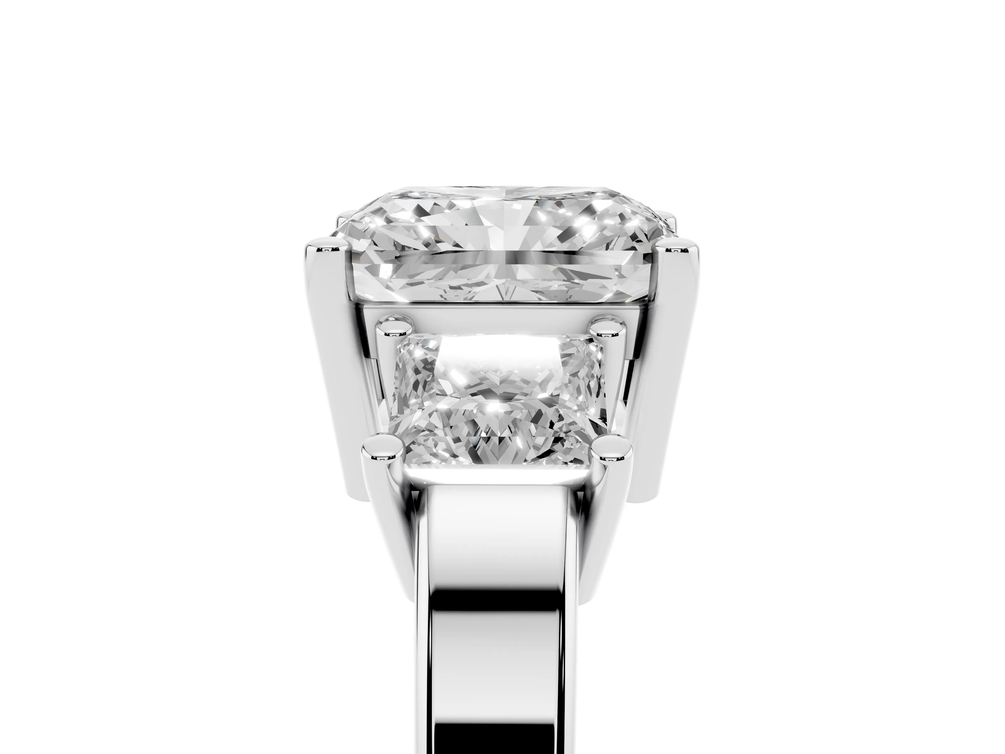 Three-Stone Radiant Cut Diamond Solitaire Ring Set in Platinum with Prong Setting