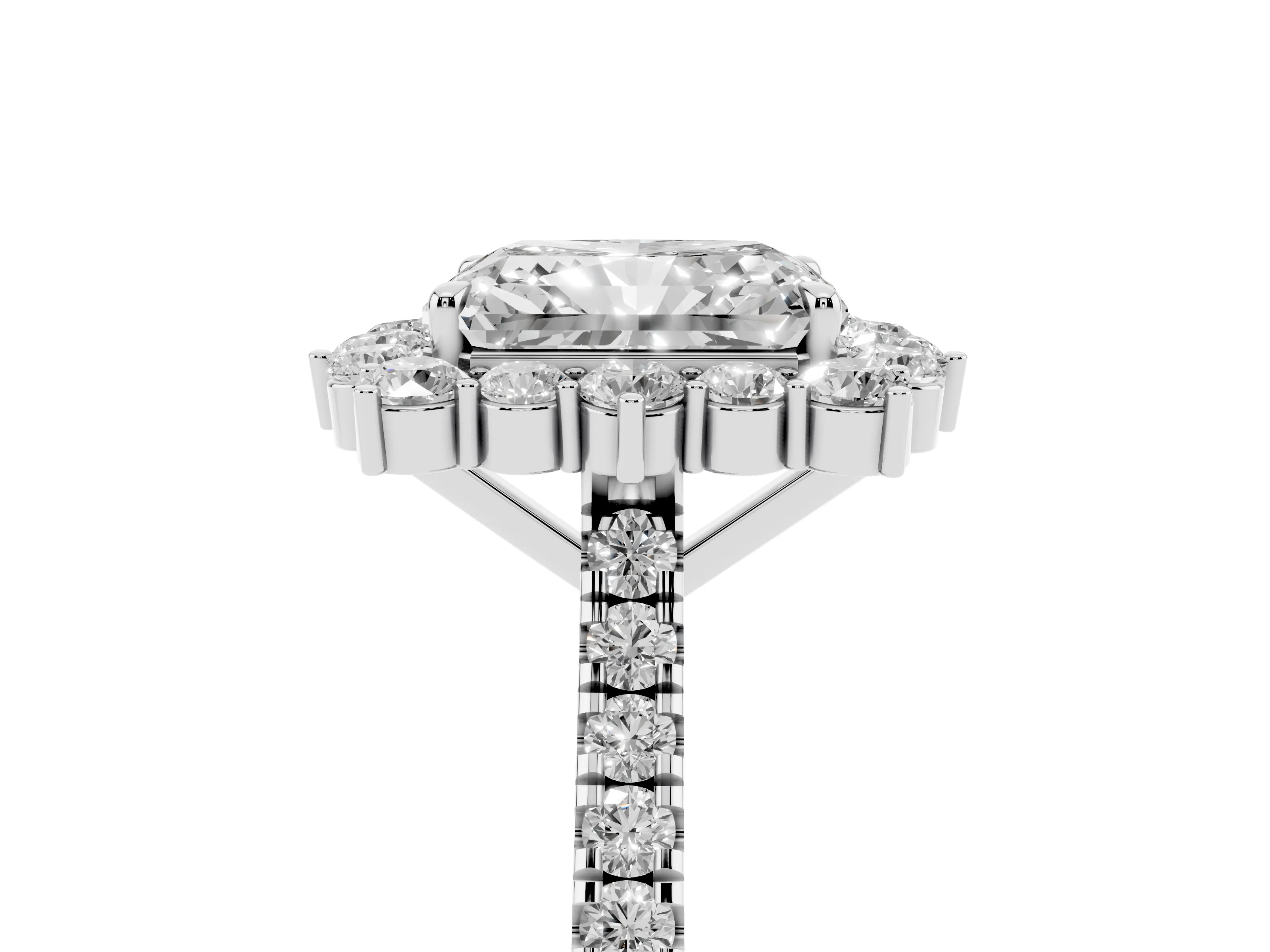 Radiant Cut Diamond Halo Ring Set in Silver with Pavé Band and Prong Setting