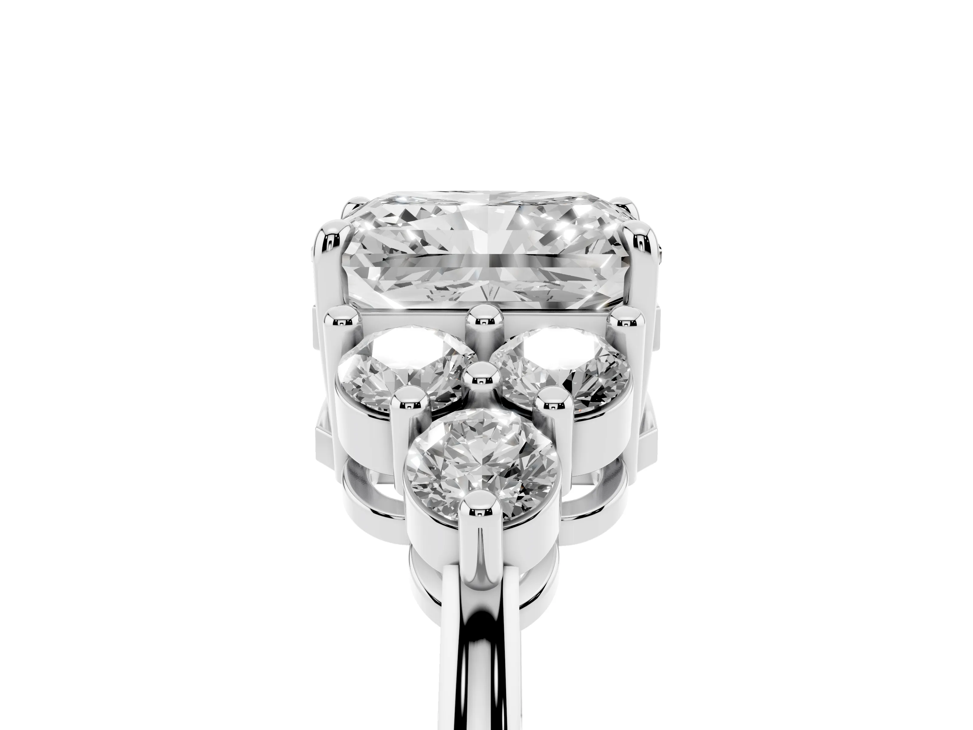 Radiant Cut Diamond Solitaire Ring Set in White gold with Cluster Accents on Each Side