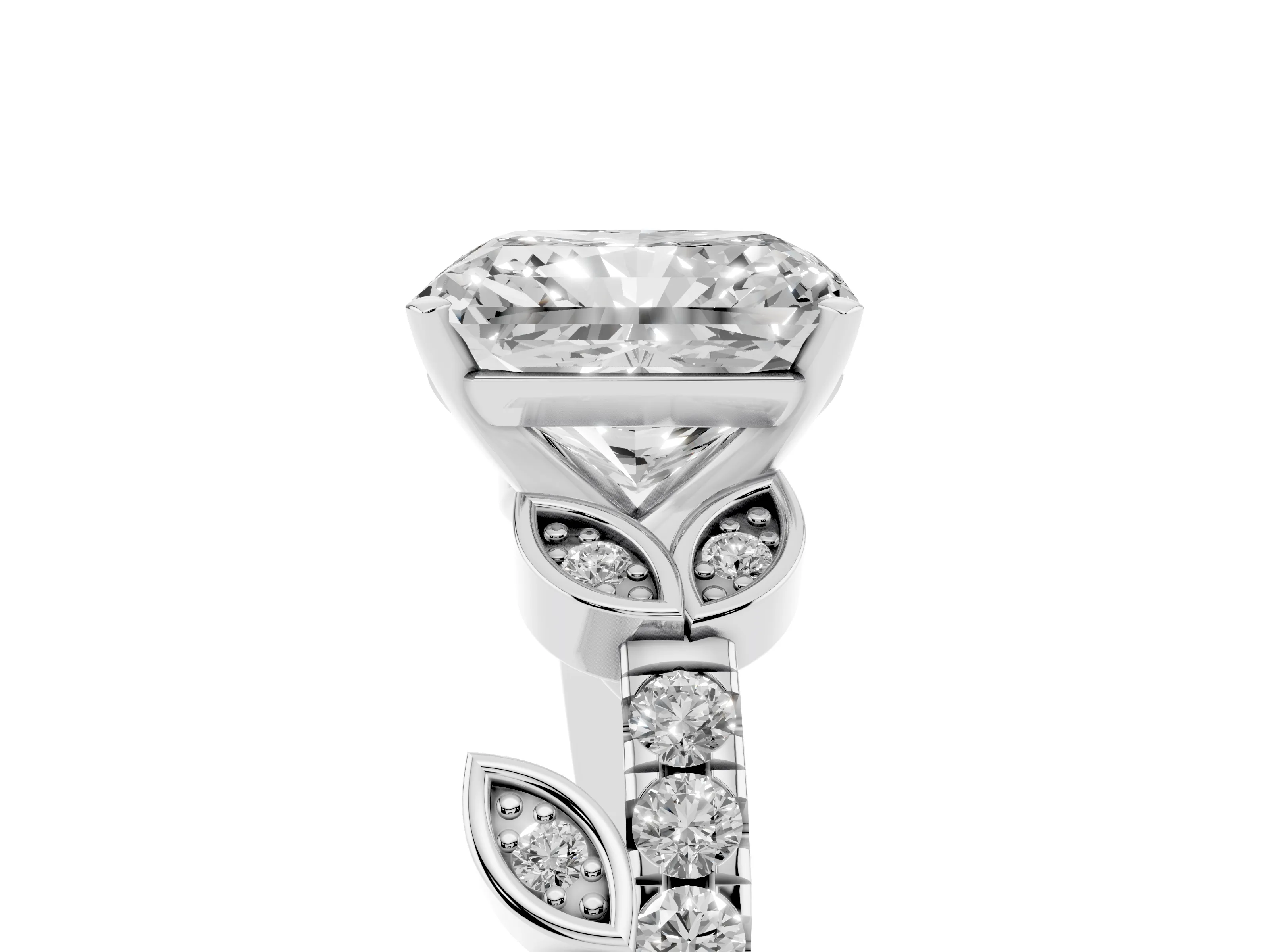 Radiant Cut Diamond Solitaire Leaf-Inspired Ring Set in Platinum with Pavé Band and Prong Setting