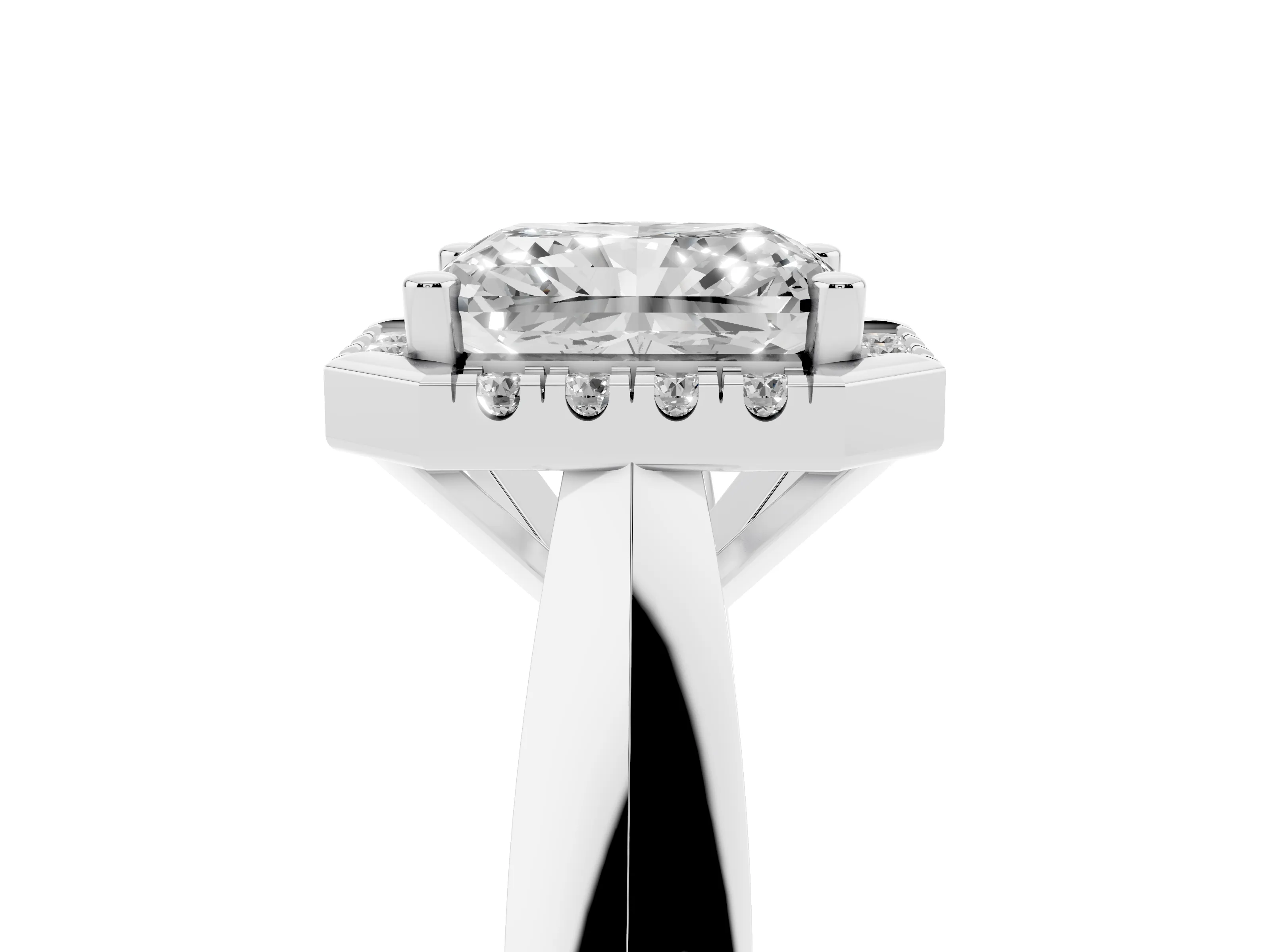 Radiant Cut Diamond Halo Solitaire Engagement Ring Set in White gold with Square Band and Prong Setting