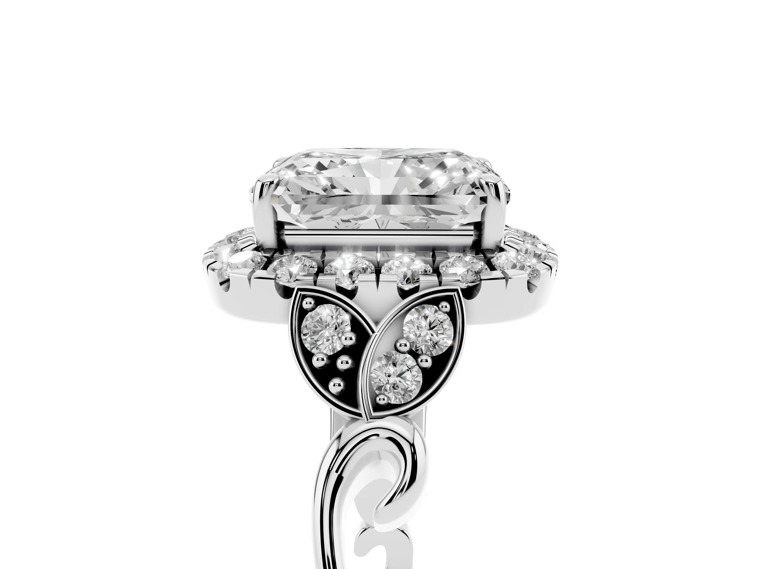 Radiant Cut Diamond Halo Engagement Ring Set in Platinum with Vintage-Inspired Band and Prong Setting