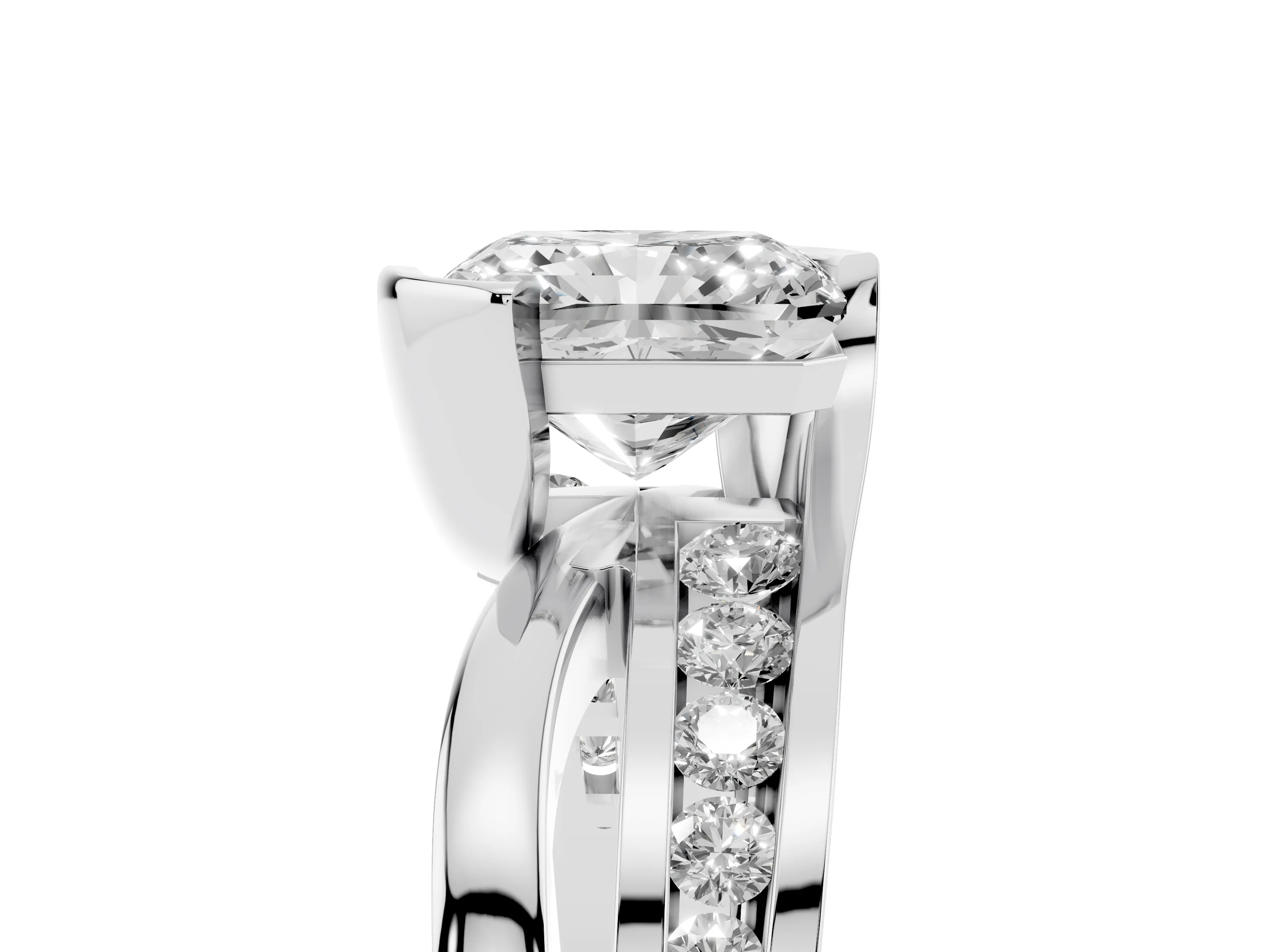 Radiant Cut Diamond Solitaire Ring Set in Platinum with Channel Set Split Shank and Tension Prongs