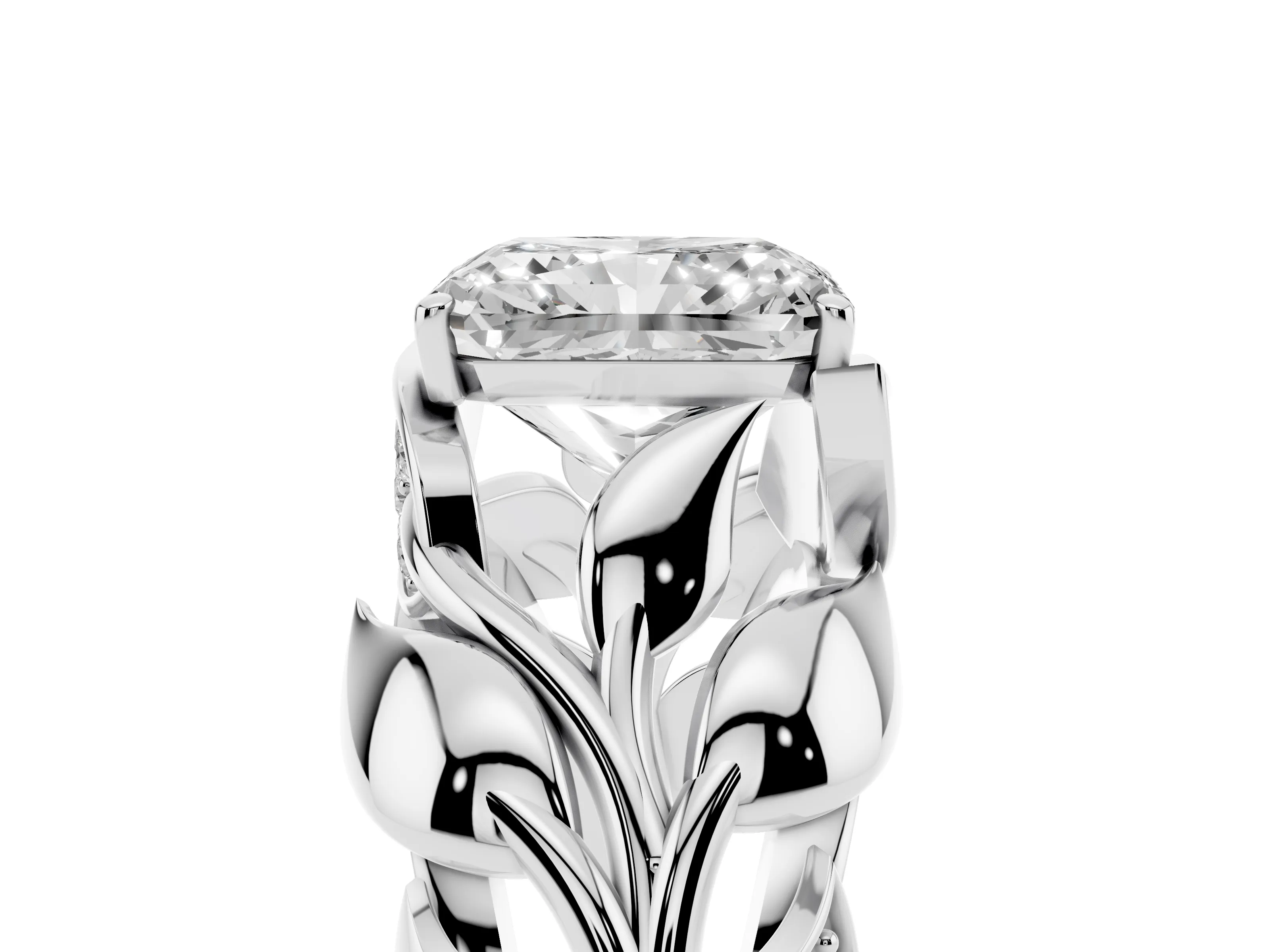 Radiant Cut Diamond Leaf-Inspired Engagement Ring Set in Silver with Round Accents