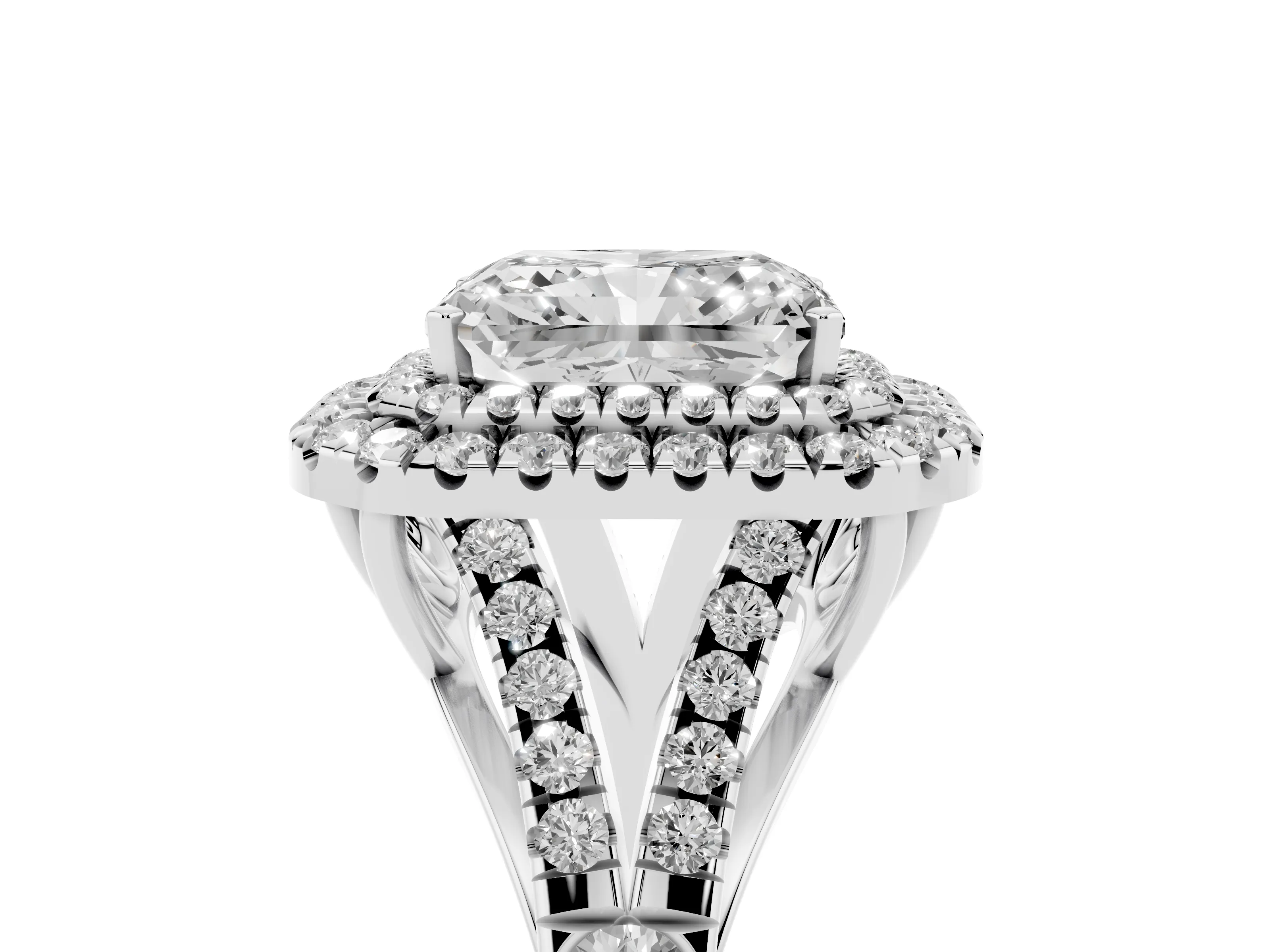 Radiant Cut Diamond Pavé Split Shank Double Halo Engagement Ring Set in White gold