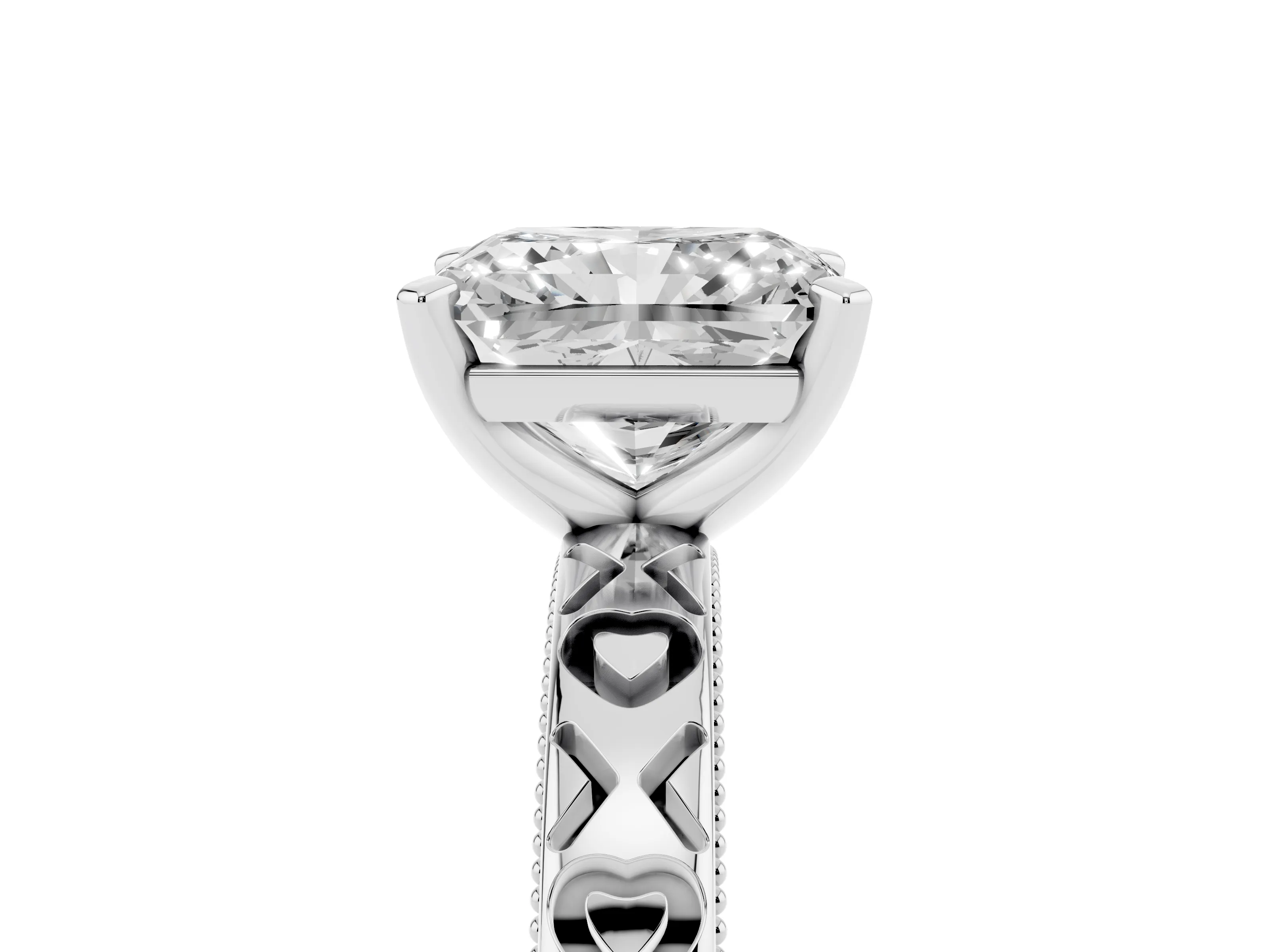 Radiant Cut Diamond Solitaire Engagement Ring Set in Platinum with XO Engraved Band and Prong Setting