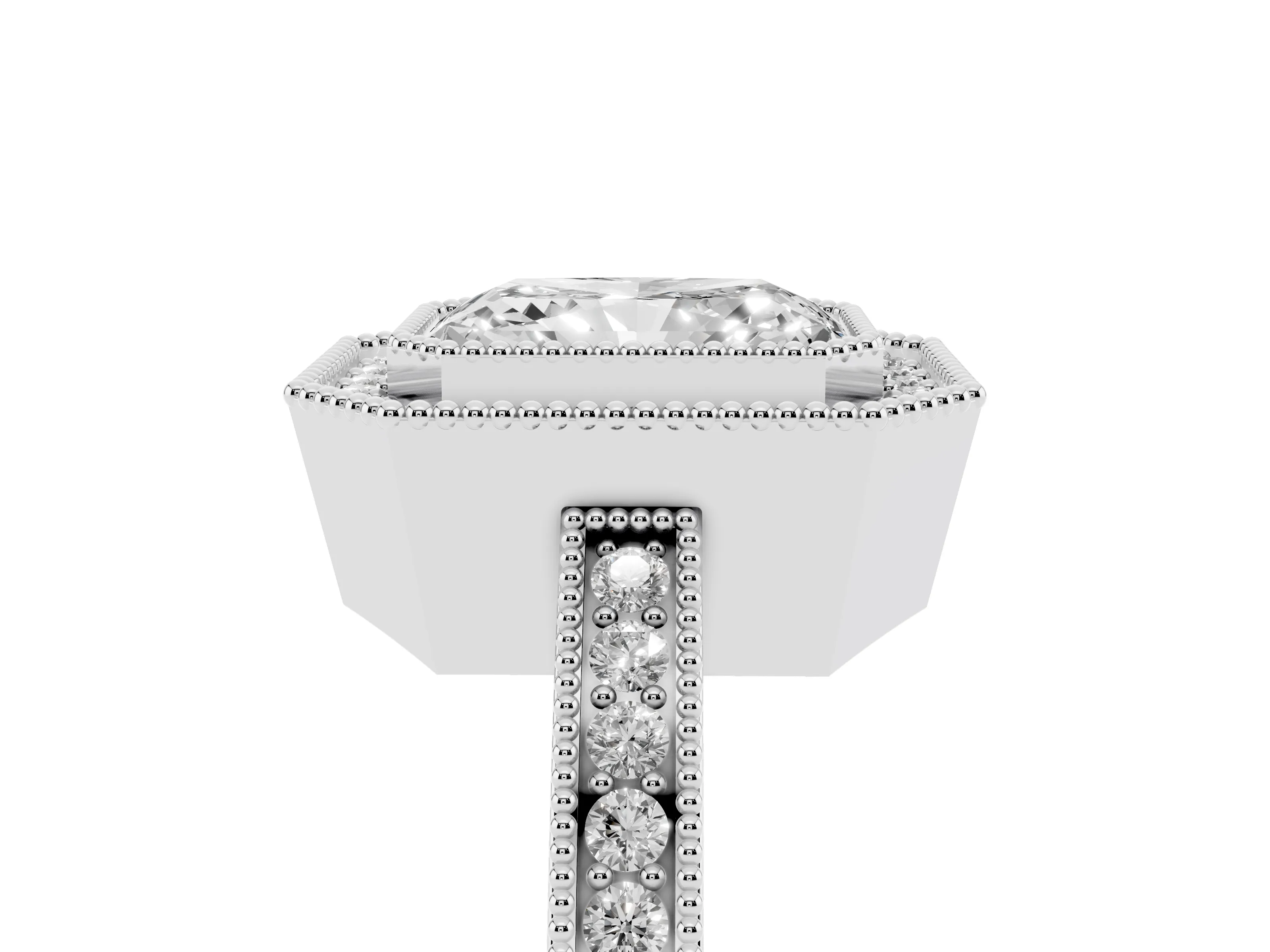 Radiant Cut Diamond Halo Ring Set in White gold with Pavé Band and Milgrain-Edged Prongs