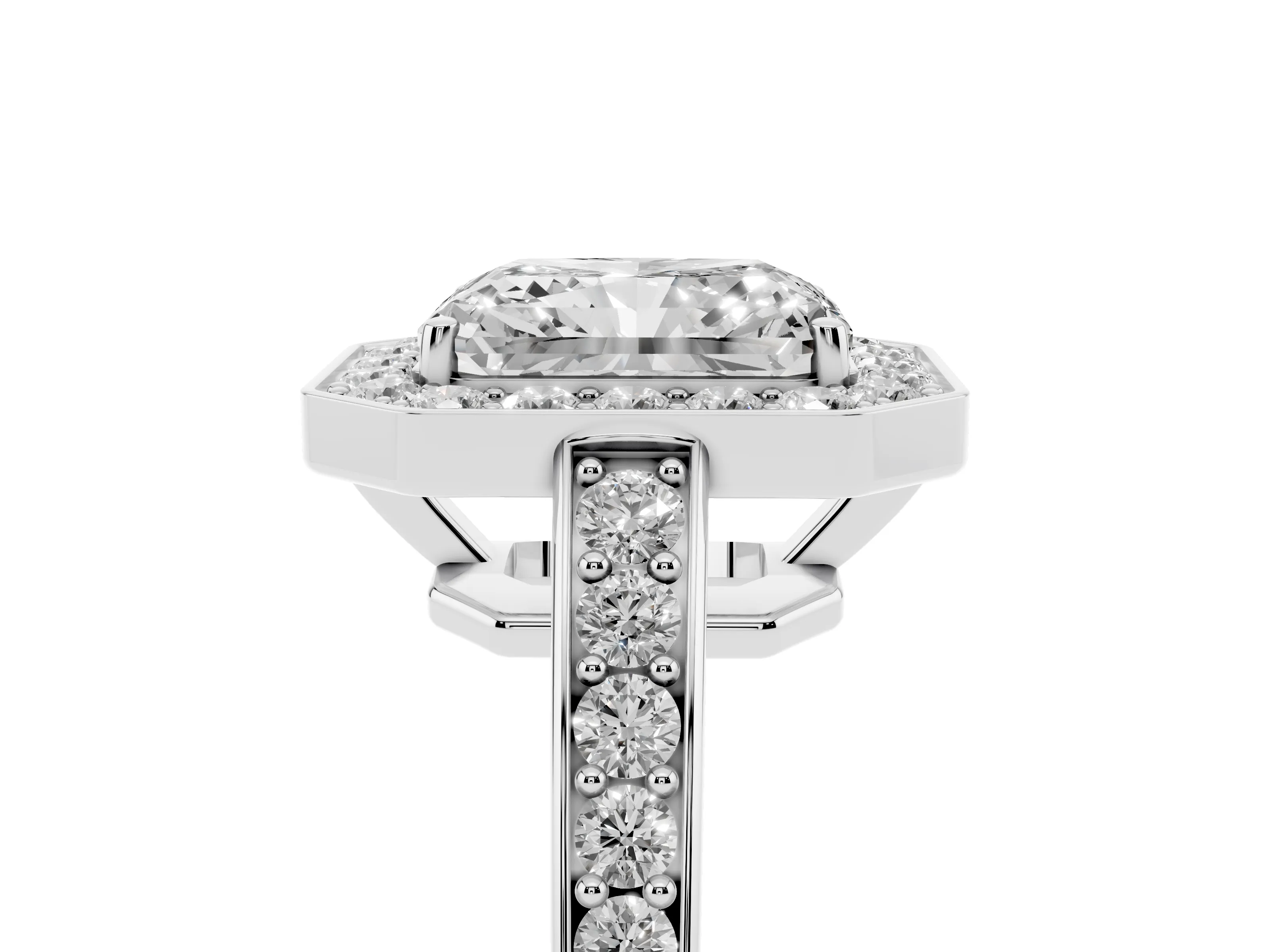 Radiant Cut Diamond Halo Pavé Engagement Ring Set in Silver with Bezel Setting