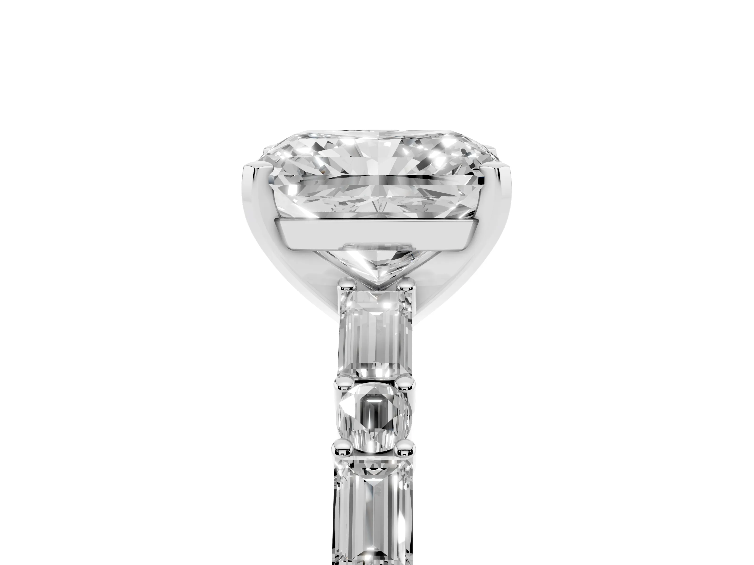 Radiant Cut Diamond Solitaire Set in White gold with Side Baguettes and Channel Set Band