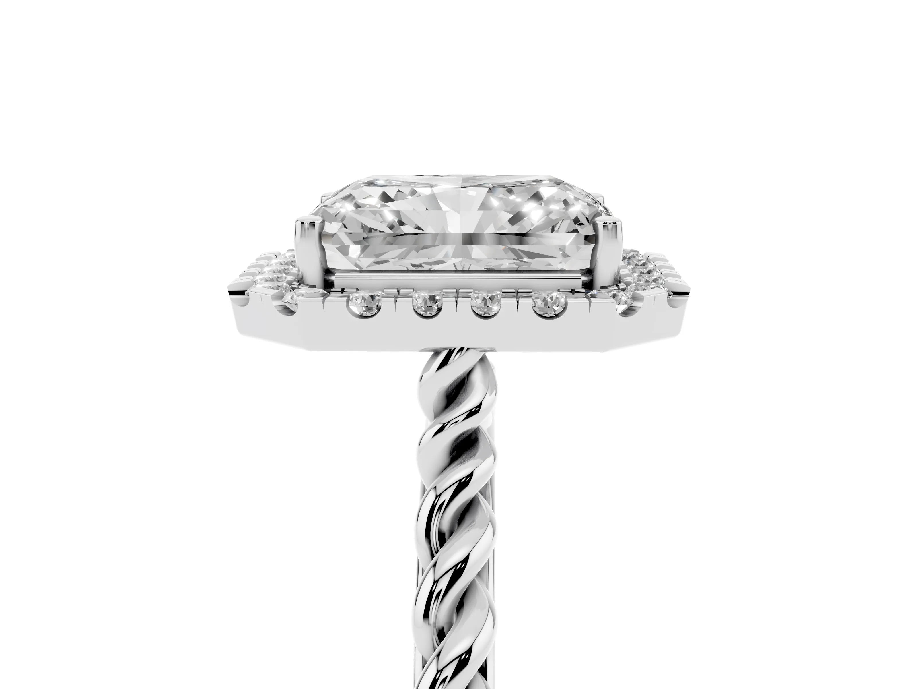 Radiant Cut Diamond Halo Ring Set in White gold with Plain Twisted Band