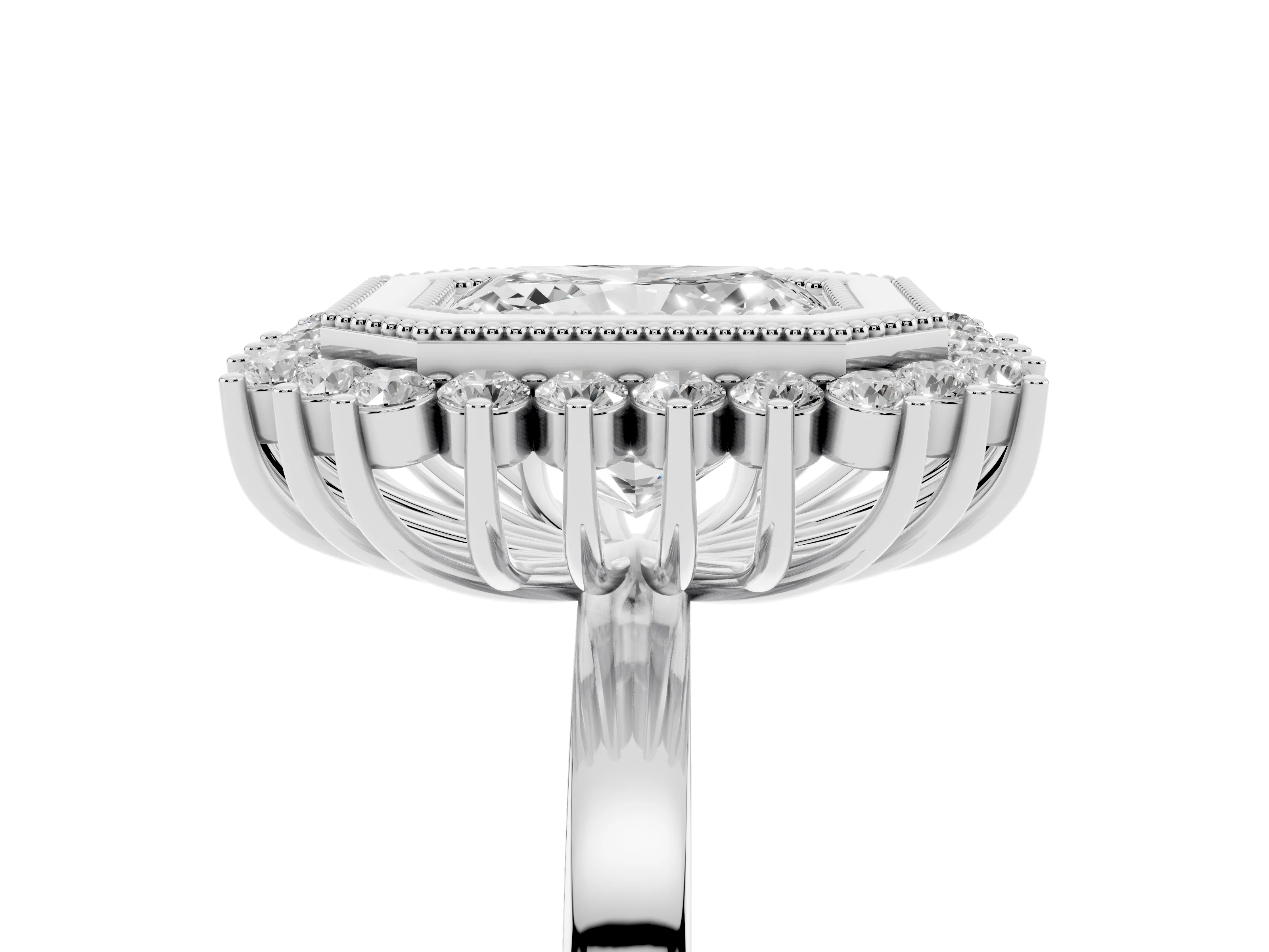 Radiant Cut Diamond Halo Ring Set in Silver with Milgrain Edge and Round Prong Setting
