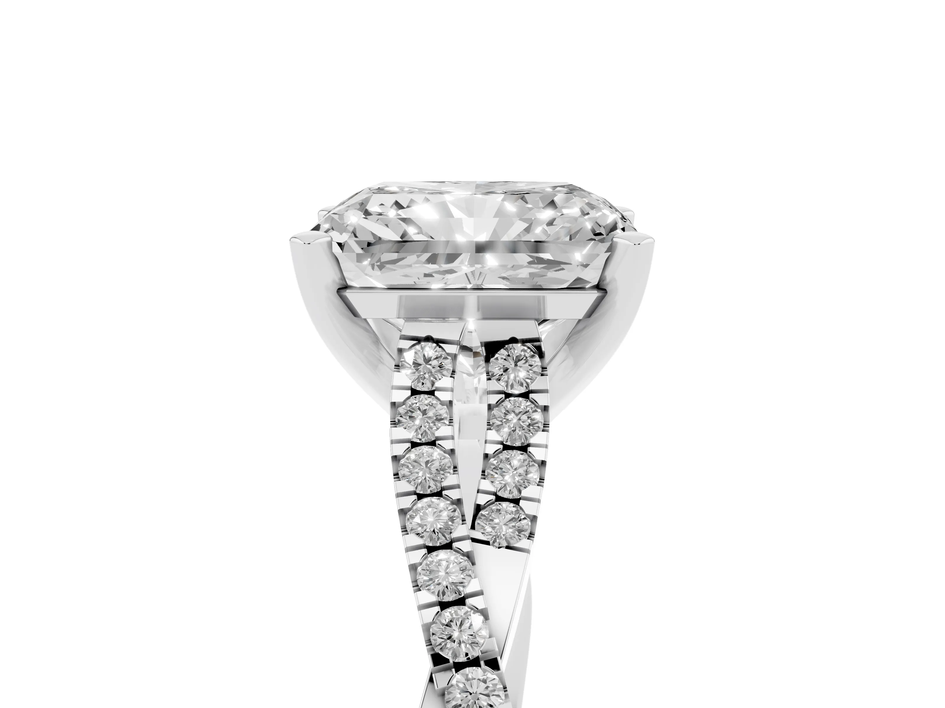 Radiant Cut Diamond Solitaire Engagement Ring Set in Platinum with Twisted Pavé Band and Prong Setting