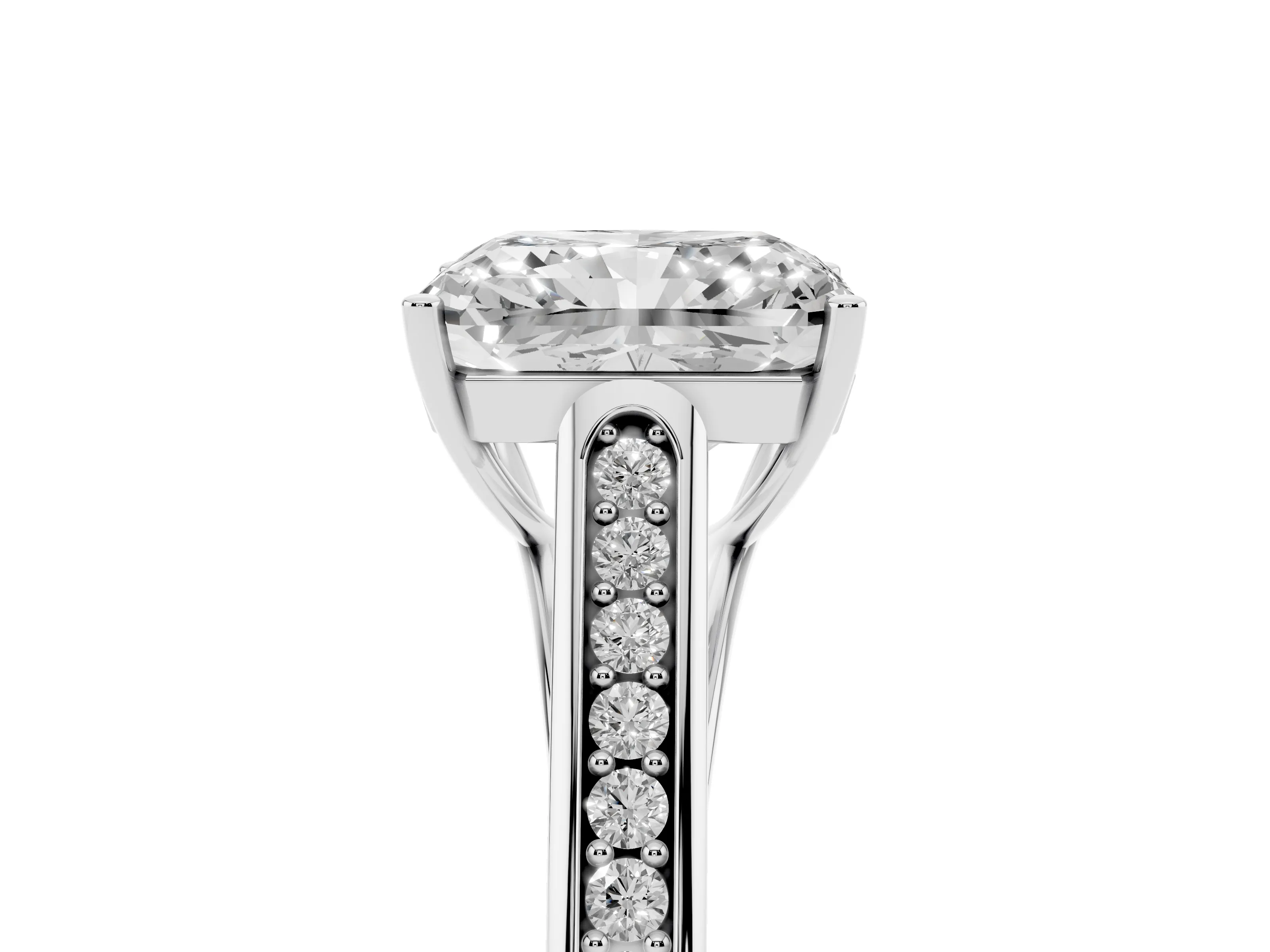 Radiant Cut Diamond Solitaire Cathedral Engagement Ring Set in Platinum with Channel-Set Band and Prong Setting