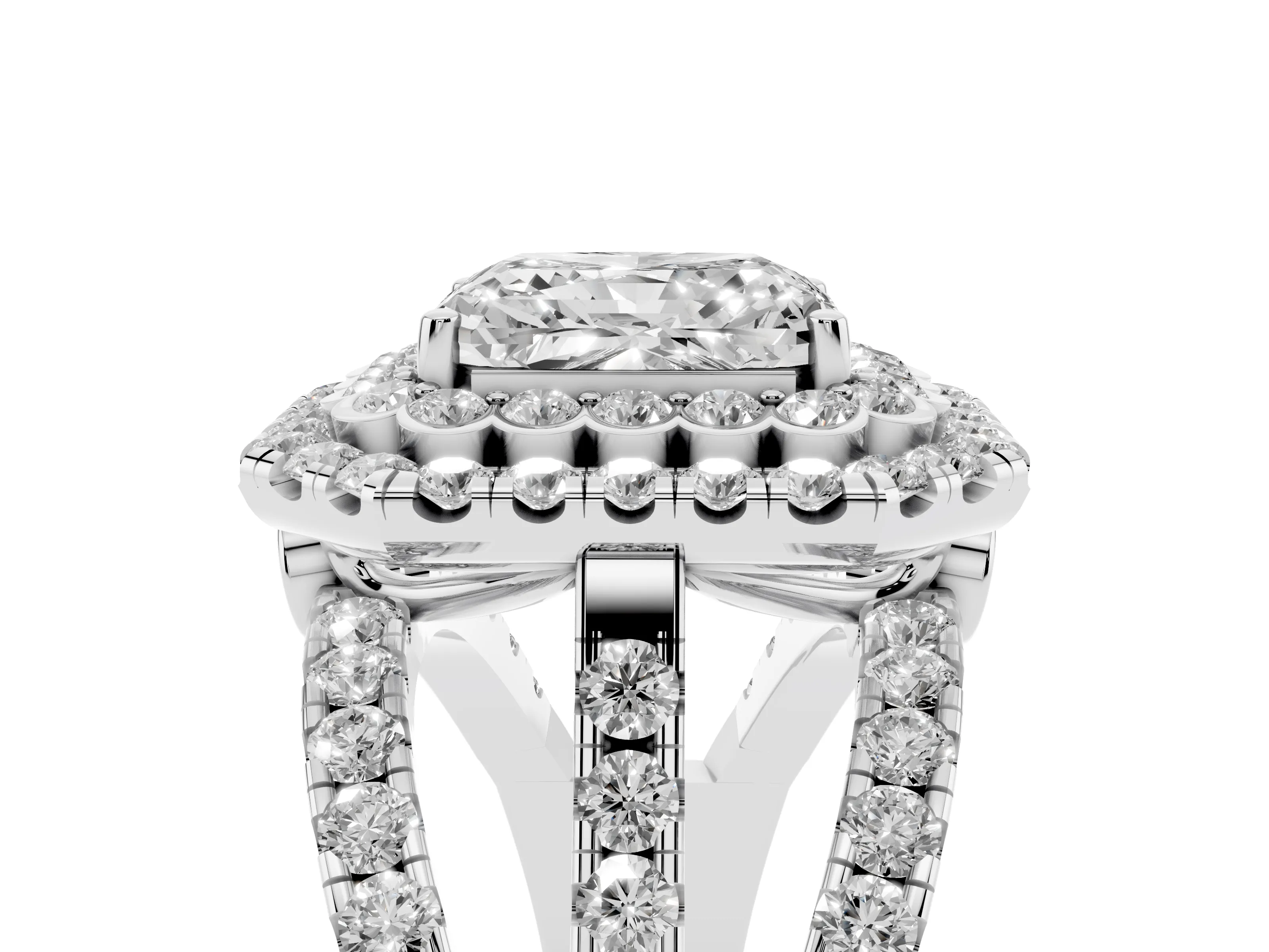 Radiant Cut Diamond Double Halo Ring Set in White gold with Round Pavé Split Shank