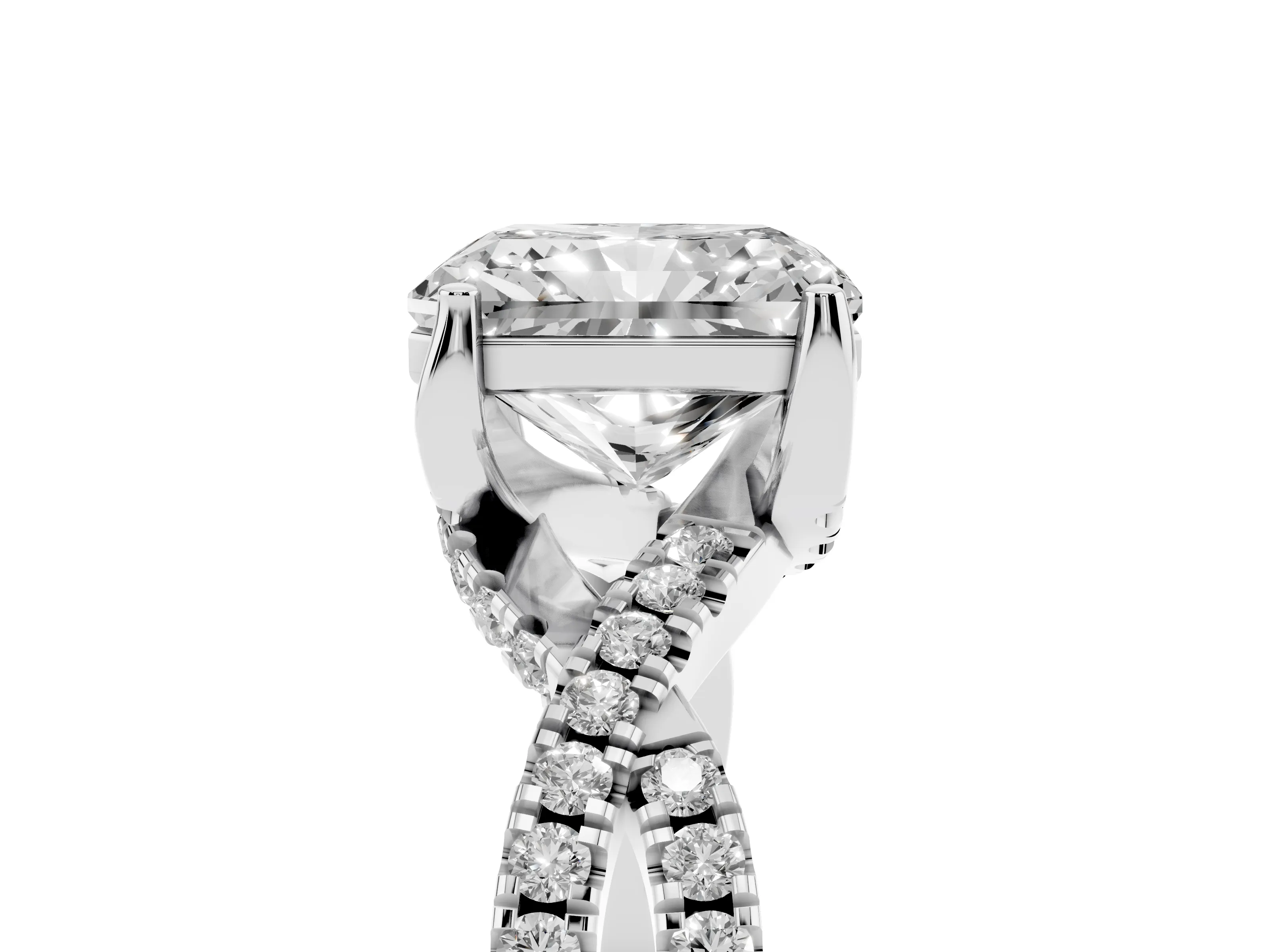 Radiant Cut Diamond Twist Pavé Solitaire Engagement Ring Set in Silver with Prong Setting