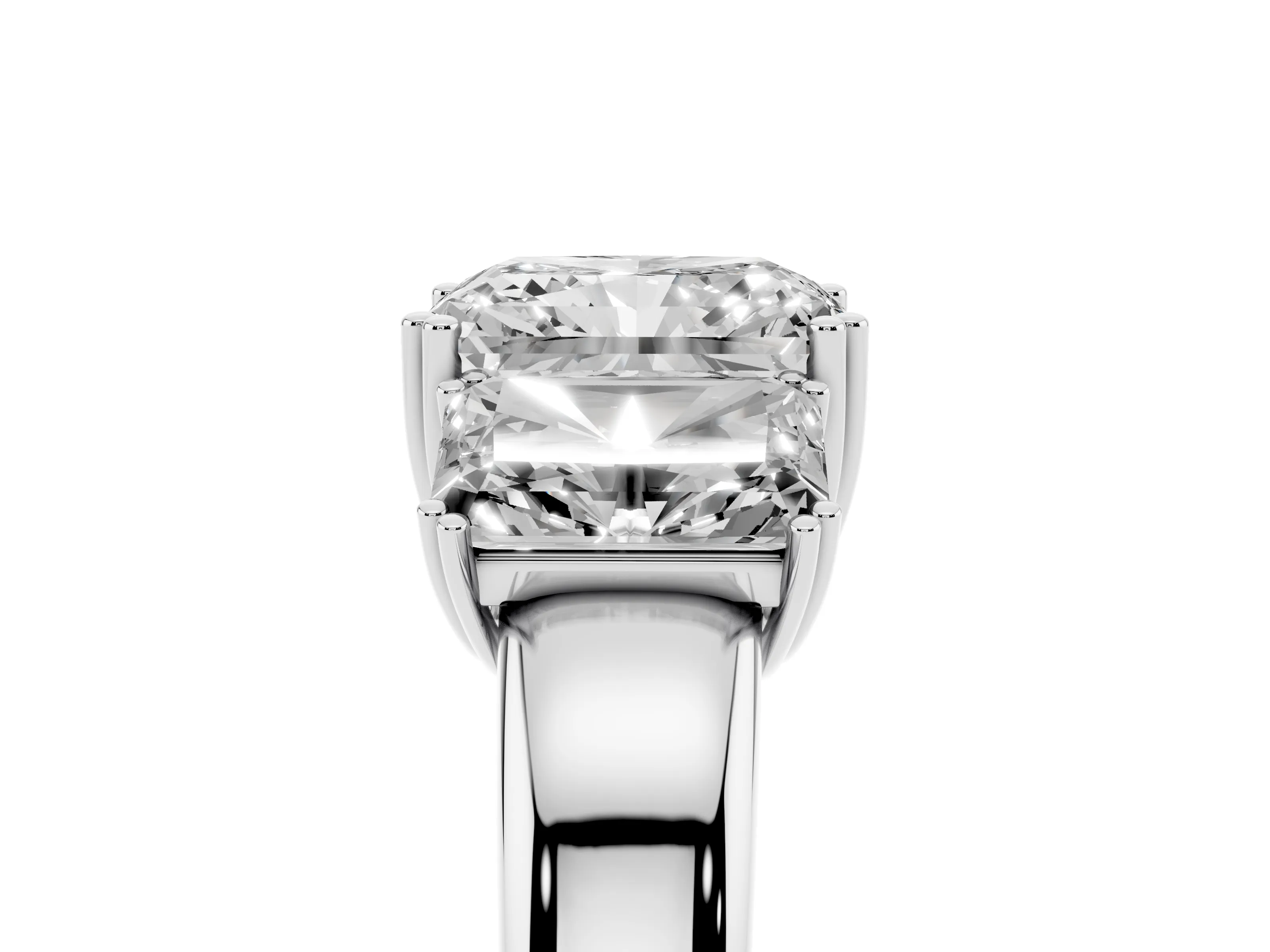 Radiant Cut Diamond Three-Stone Ring Set in White gold with Polished Channel-Set Band