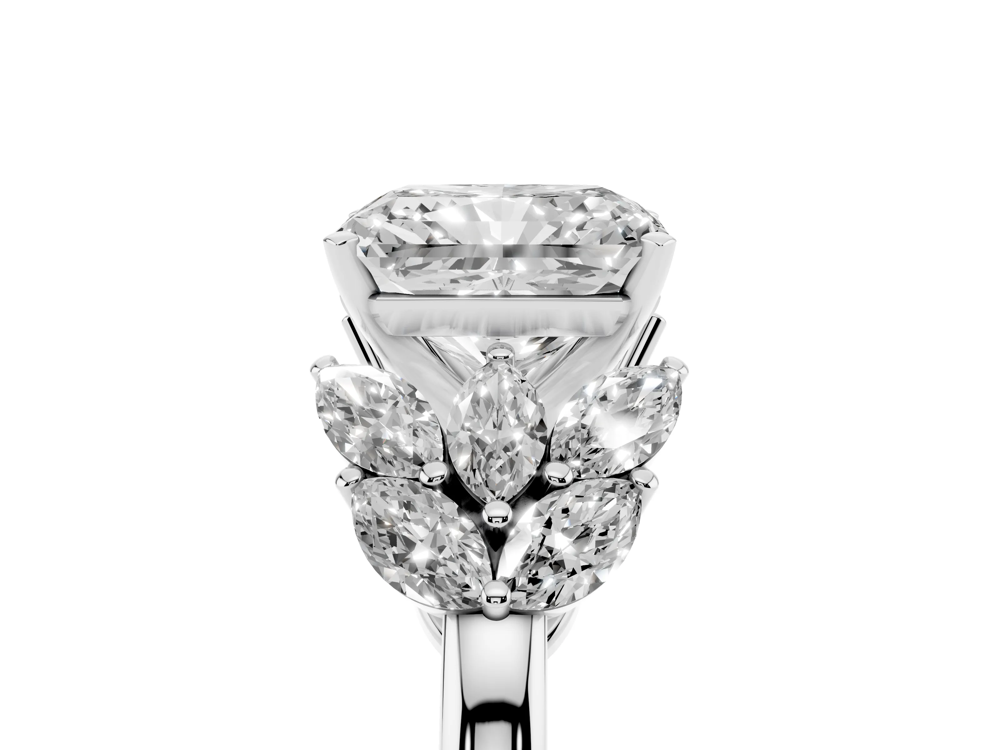 Radiant Cut Diamond Cluster Leaf Design Ring Set in Platinum with Prong Setting