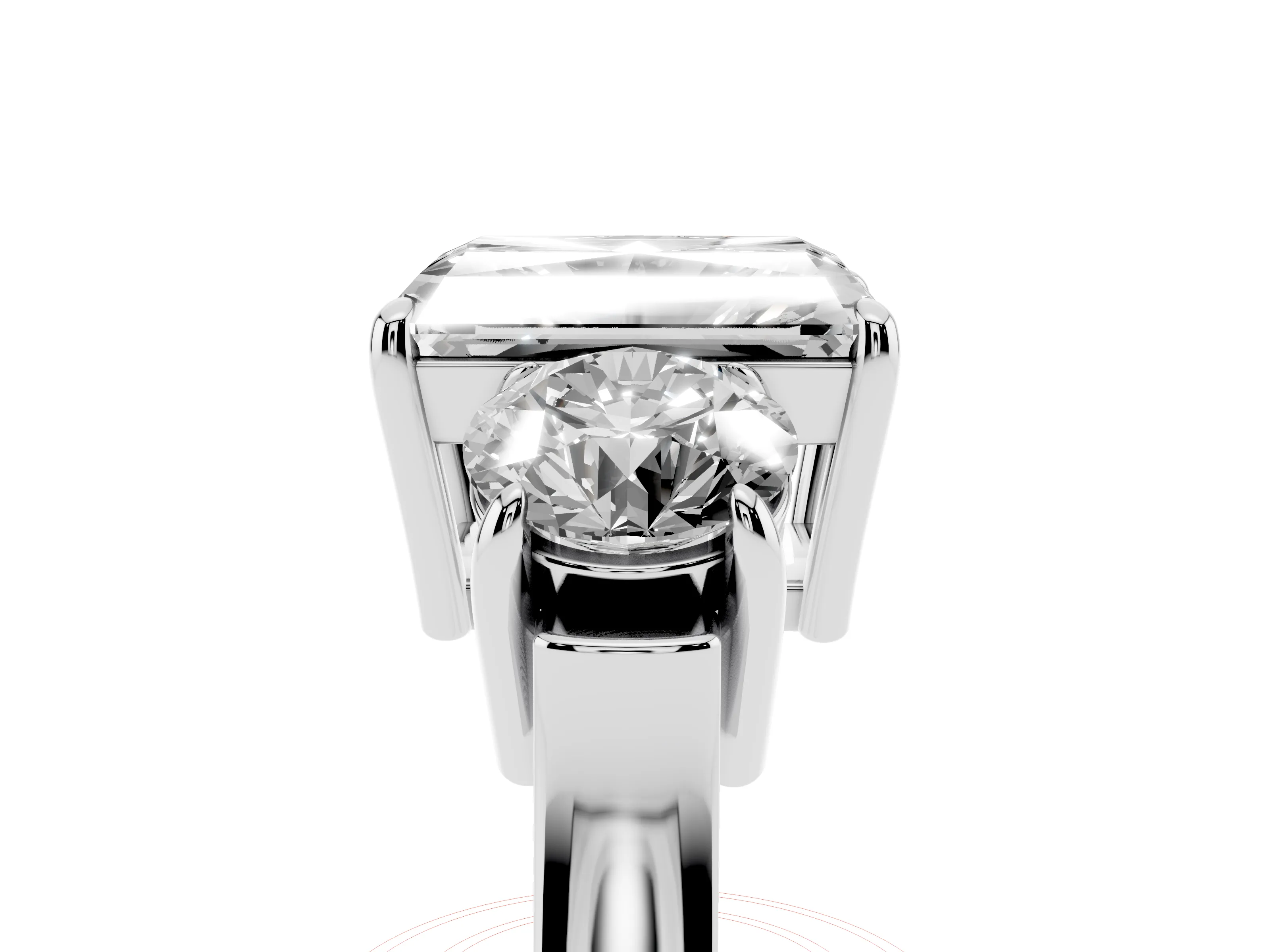 Radiant Cut Diamond Three-Stone Ring Set in White gold with Round Accent Stones and Plain Band