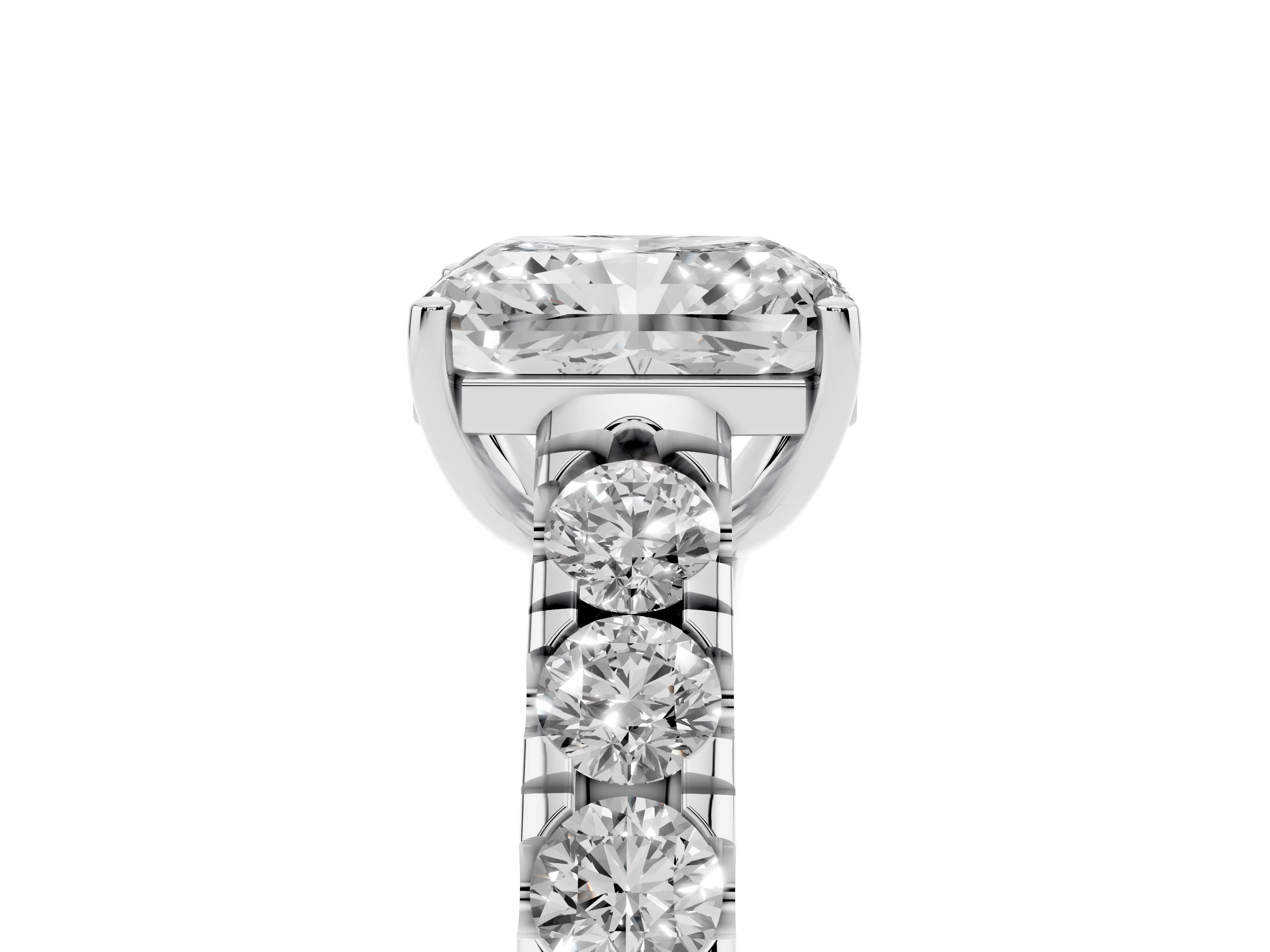 Radiant Cut Diamond Solitaire Ring Set in Silver with Cut-Down Micro Pavé Band and Prong Setting