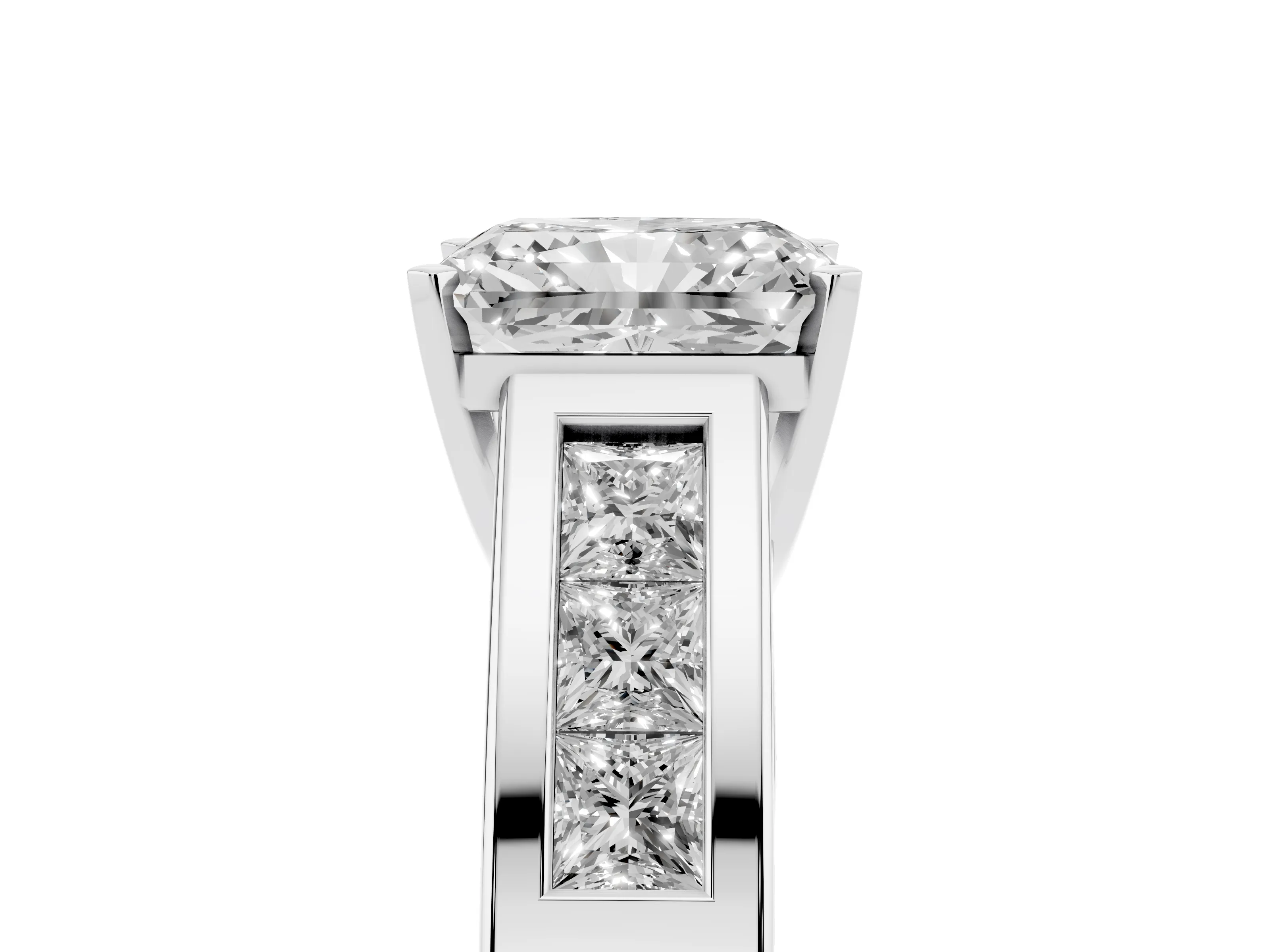 Radiant Cut Diamond Solitaire Ring Set in Silver with Channel-Set Accent Stones and Prong Setting