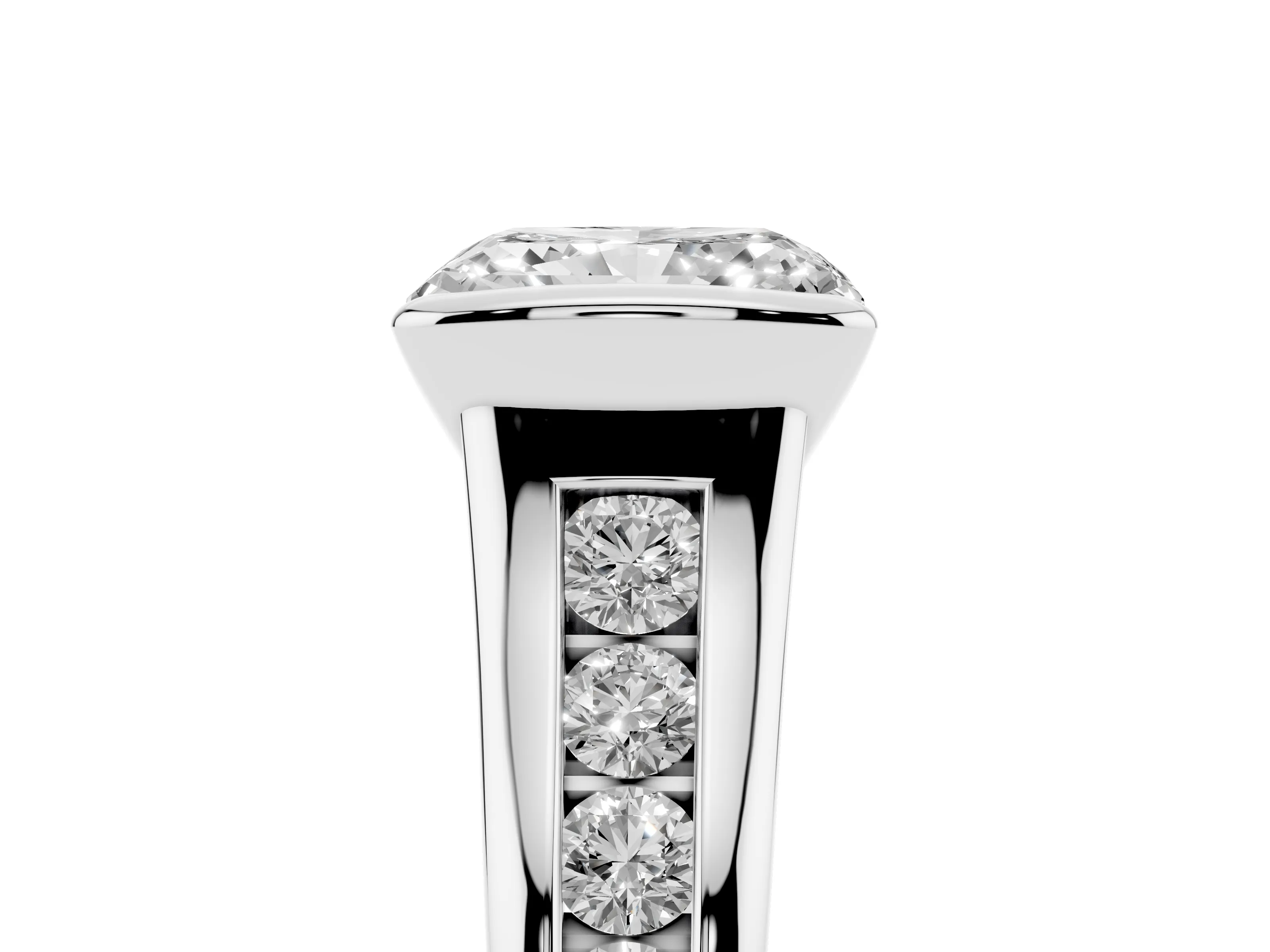 Radiant Cut Diamond Bezel-Set Solitaire Ring Set in White gold with Channel-Set Band